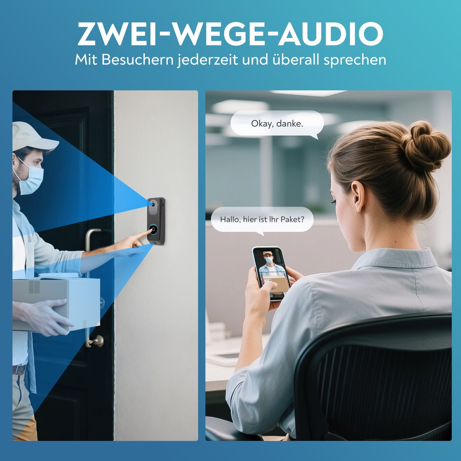 LUVISION Smart Home Türklingel Y03-W2 (Außen- und Innenbereich, 1-tlg., WLAN Funk Video Türklingel Türglocke mit Überwachungskamera Kabellos, 2-Wege Audio, Mikrofon, Bewegungserkennung, Dual Kamera, Nachtsicht)