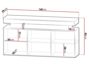 MIRJAN24 Kommode Glossa 3D 160 (mit drei Drehtüren), mit blauer LED-Beleuchtung