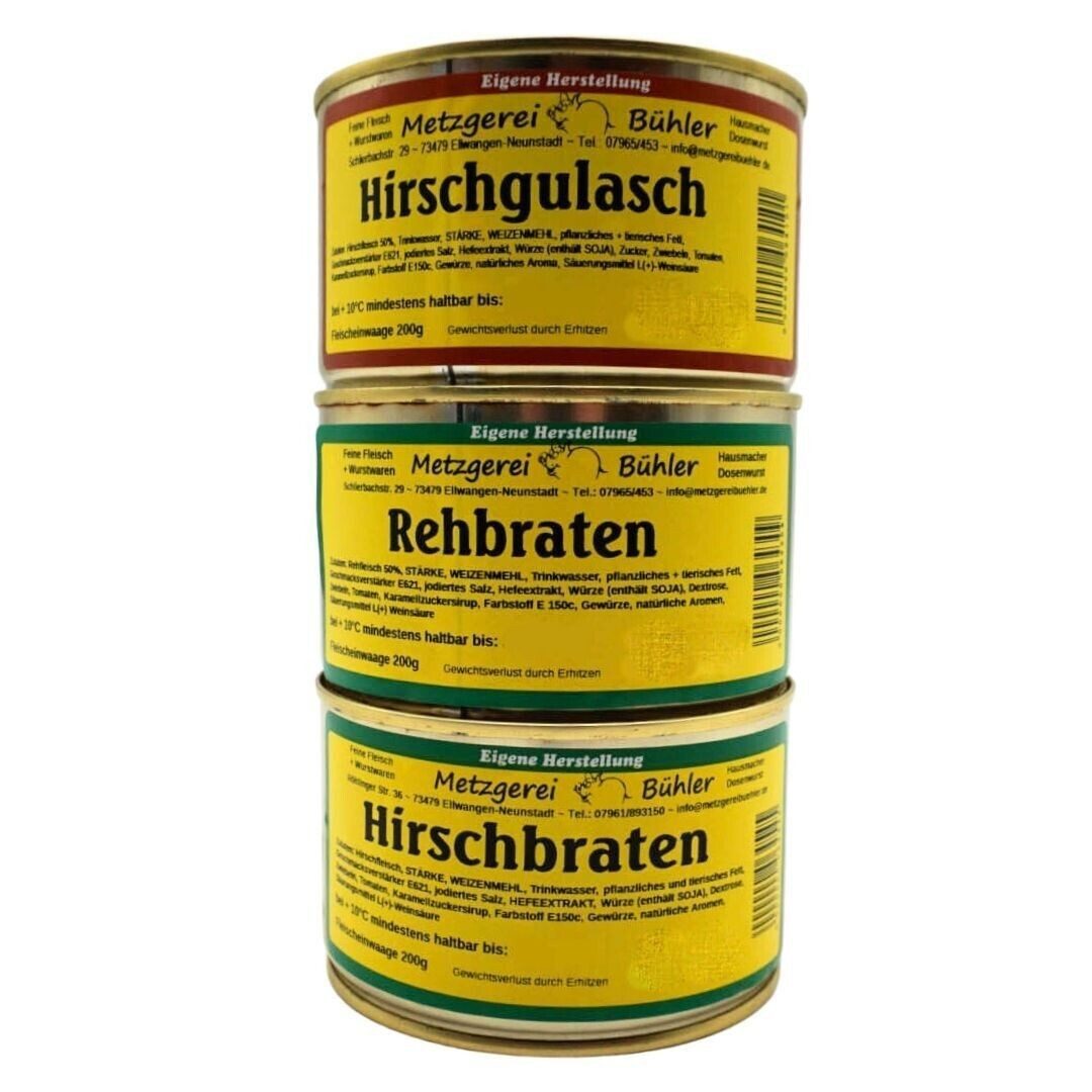 Metzgerei Bühler Lebensmittel-Geschenkset Wildset Hirschgulasch, Hirschbraten und Rehbraten, 3 x 400 g