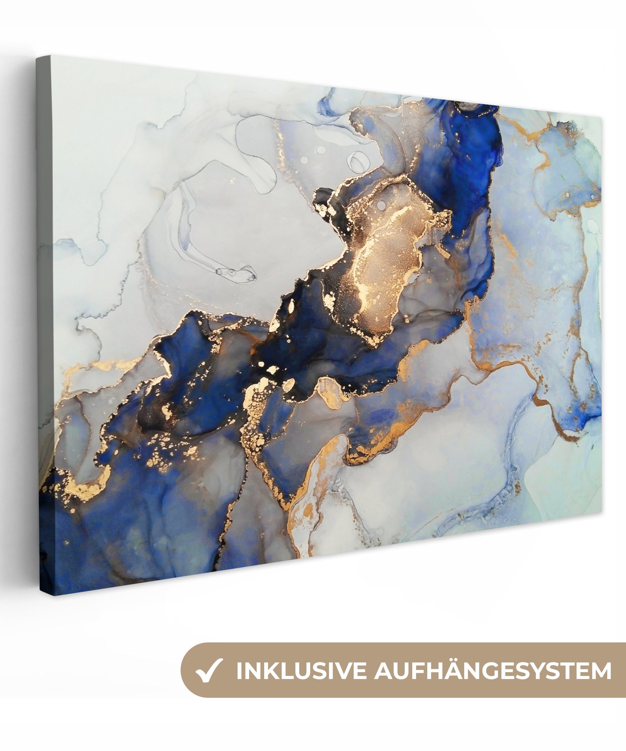 OneMillionCanvasses® Leinwandbild Marmor - Blau - Gold, (1 St), Wandbild für alle Wohnbereiche, Gemälde, XXL, großes, 120x80 cm