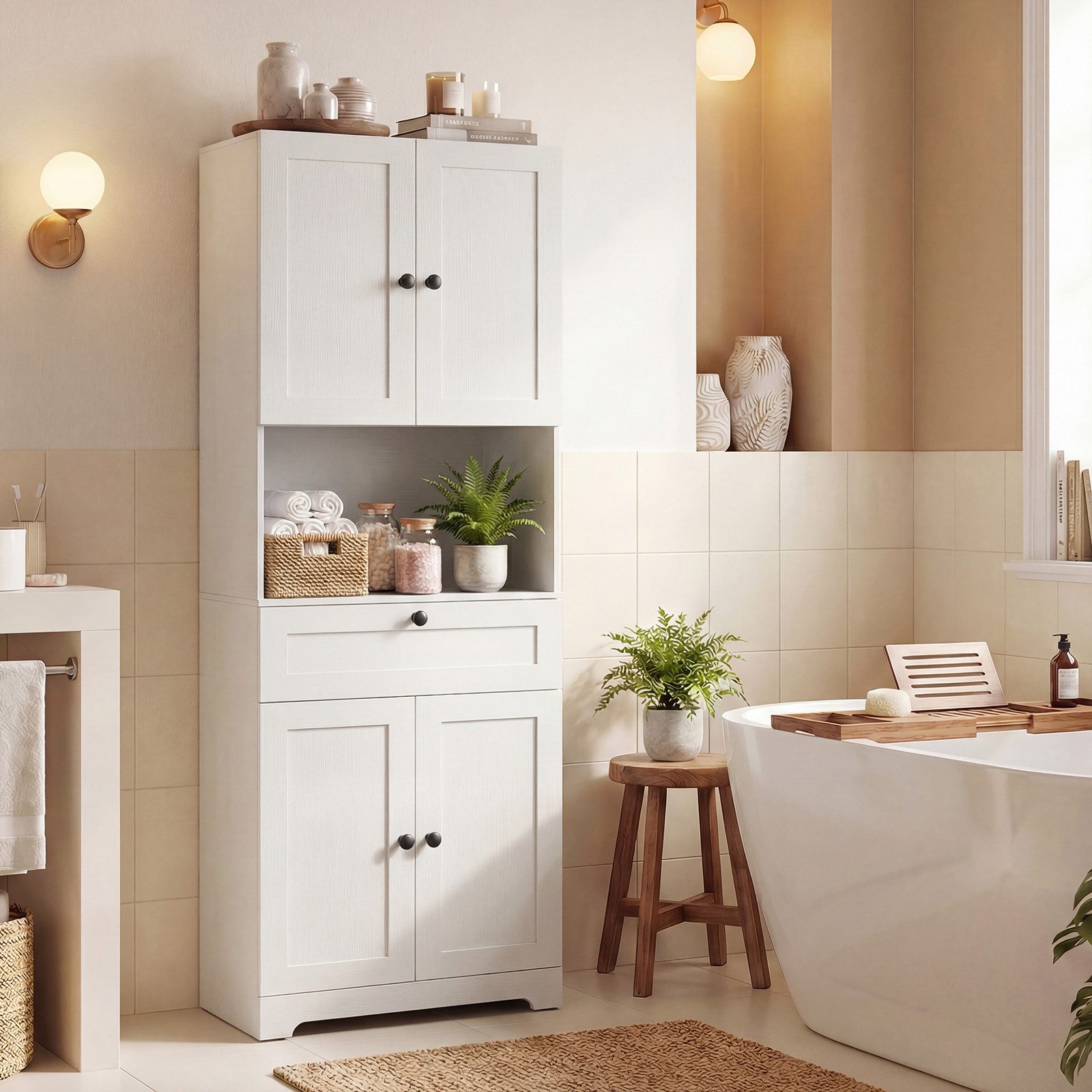 COSTWAY Badkommode, Hochschrank Bad mit 4 Türen Küchenschrank 171,5 cm