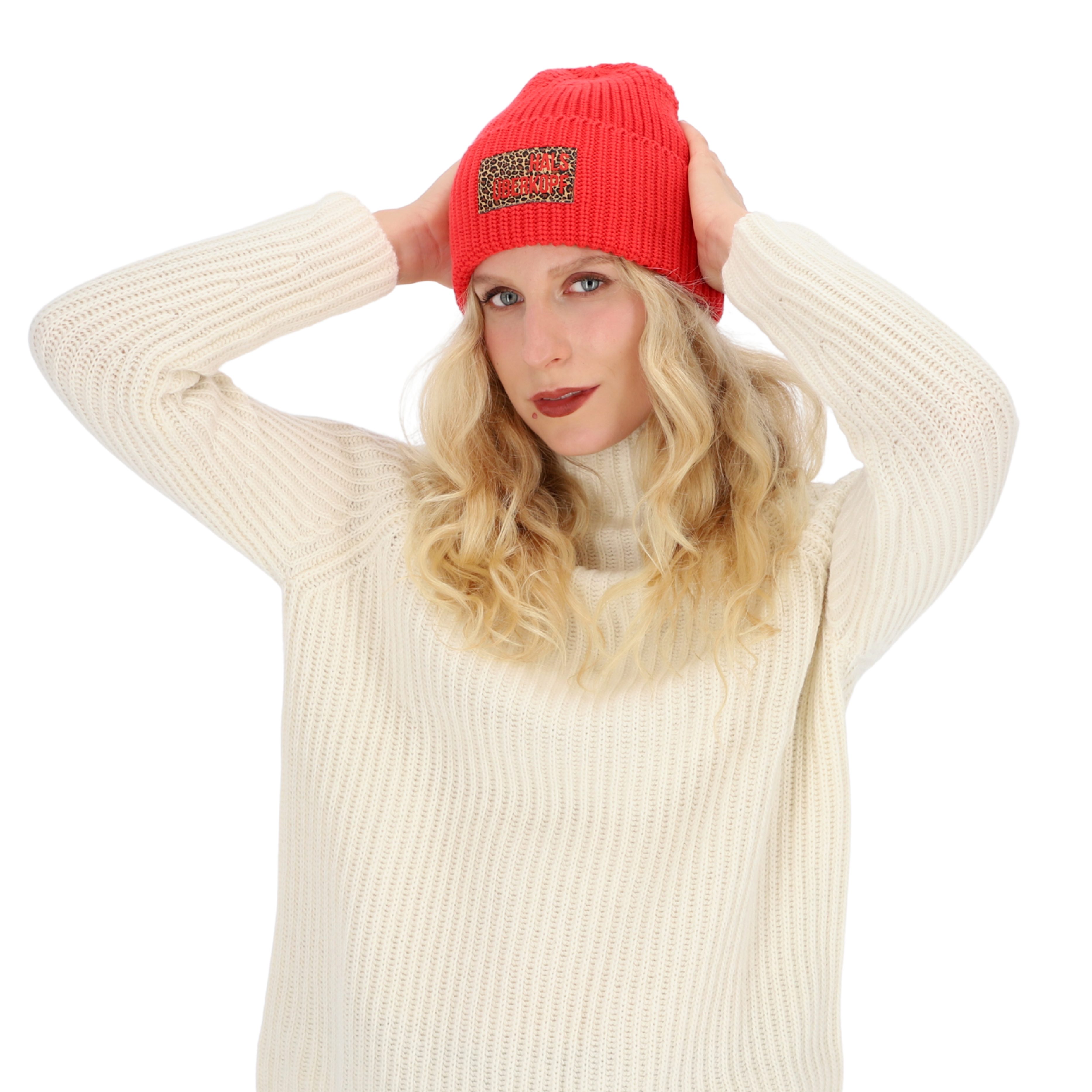 halsüberkopf Accessoires Strickmütze mit Leo-Badge und Schriftzug Halsüberk günstig online kaufen