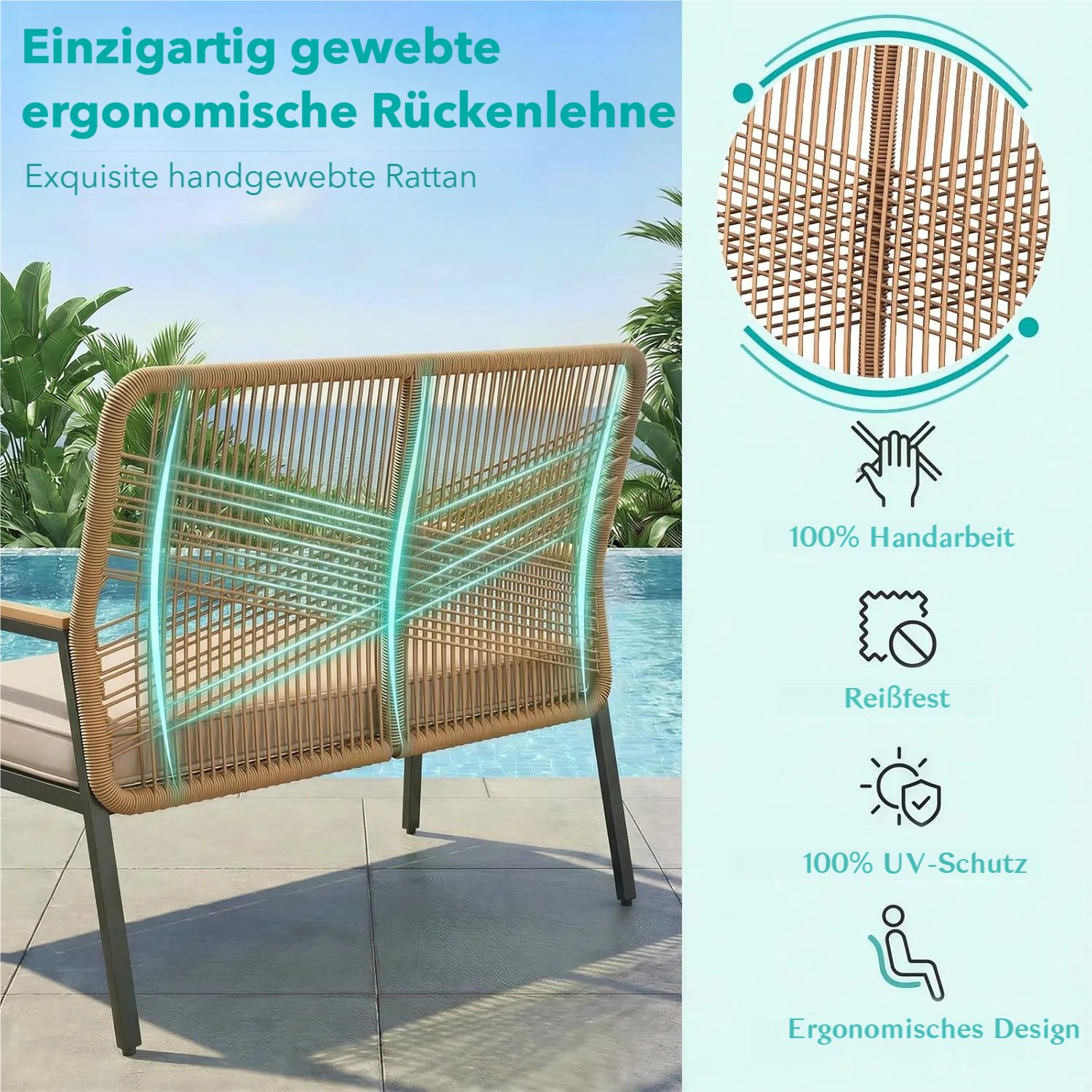 TLGREEN Gartenbank Rattan,2-Sitzer Gartenstuhl Polyrattan,Sitzbank Outdoor, (Gartenmöbel mit 8 cm dicken Sitzkissen, WPC Armrest), für Terrasse, Garten, Veranda – Bild 4 von 5