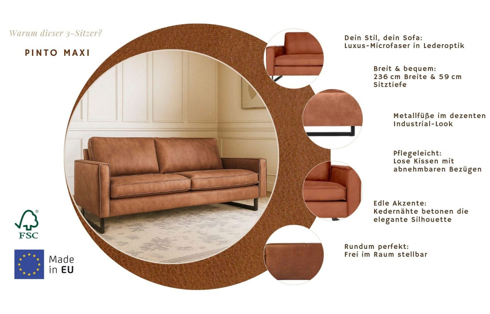OTTO home 3-Sitzer Maxi-Ausführung Pinto, 236 cm, Cord, Chenille, Lederoptik, mit Keder, schwarze Metallfüße, Wellenunterfederung – Bild 3 von 5