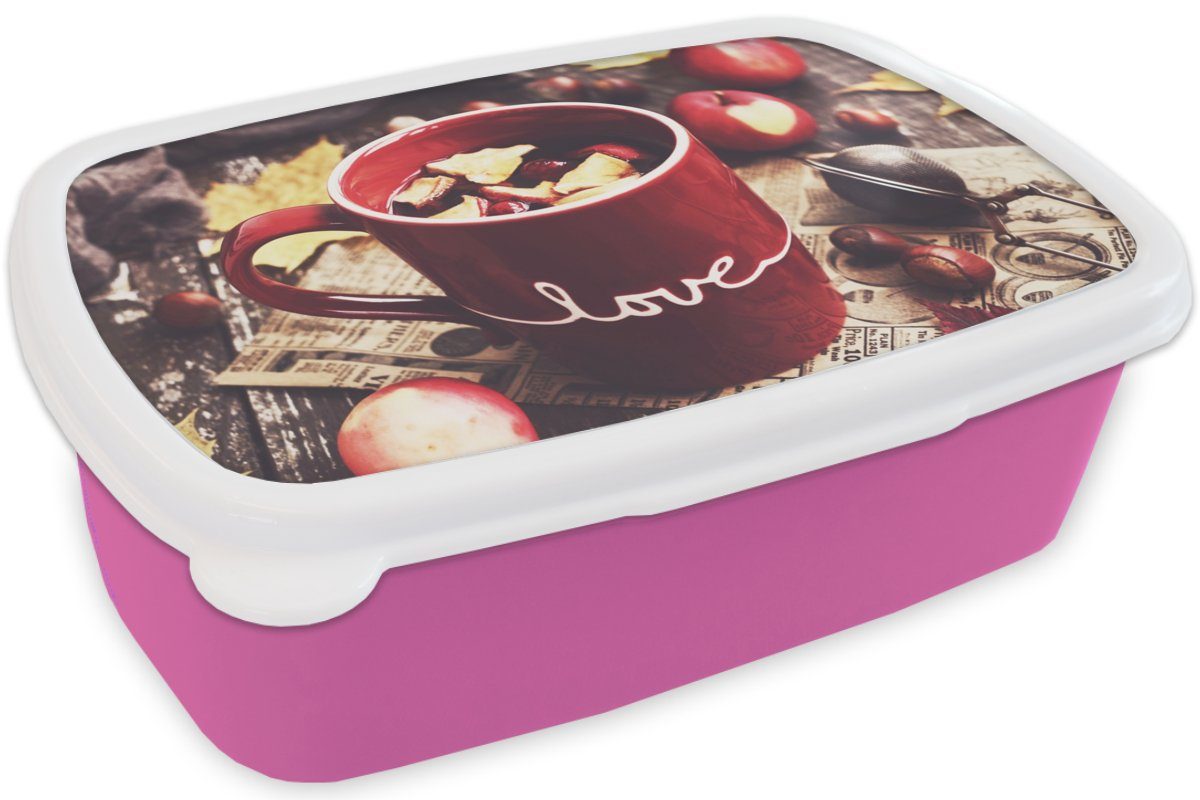 Apfel MuchoWow Snackbox, - Kunststoff - Preiselbeere, Kunststoff, Erwachsene, Brotbox Brotdose (2-tlg), rosa Mädchen, Kinder, Tee für Lunchbox