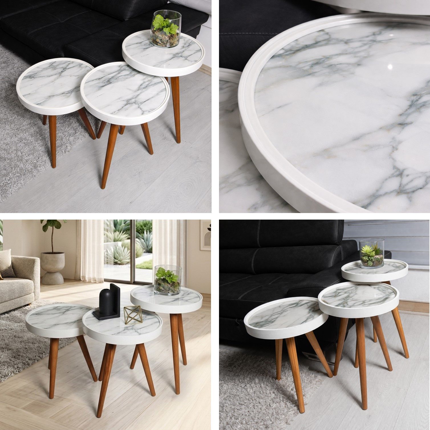 HOOZ Beistelltisch Satztisch 3er Set Beine Holz rund Ø 38 cm; Höhen: 47/ 53/ 59 cm Grau (Set, 3-St., 3× Sofatisch), Platzsparendes 3er Couchtisch Set – flexibel ineinander schiebbar