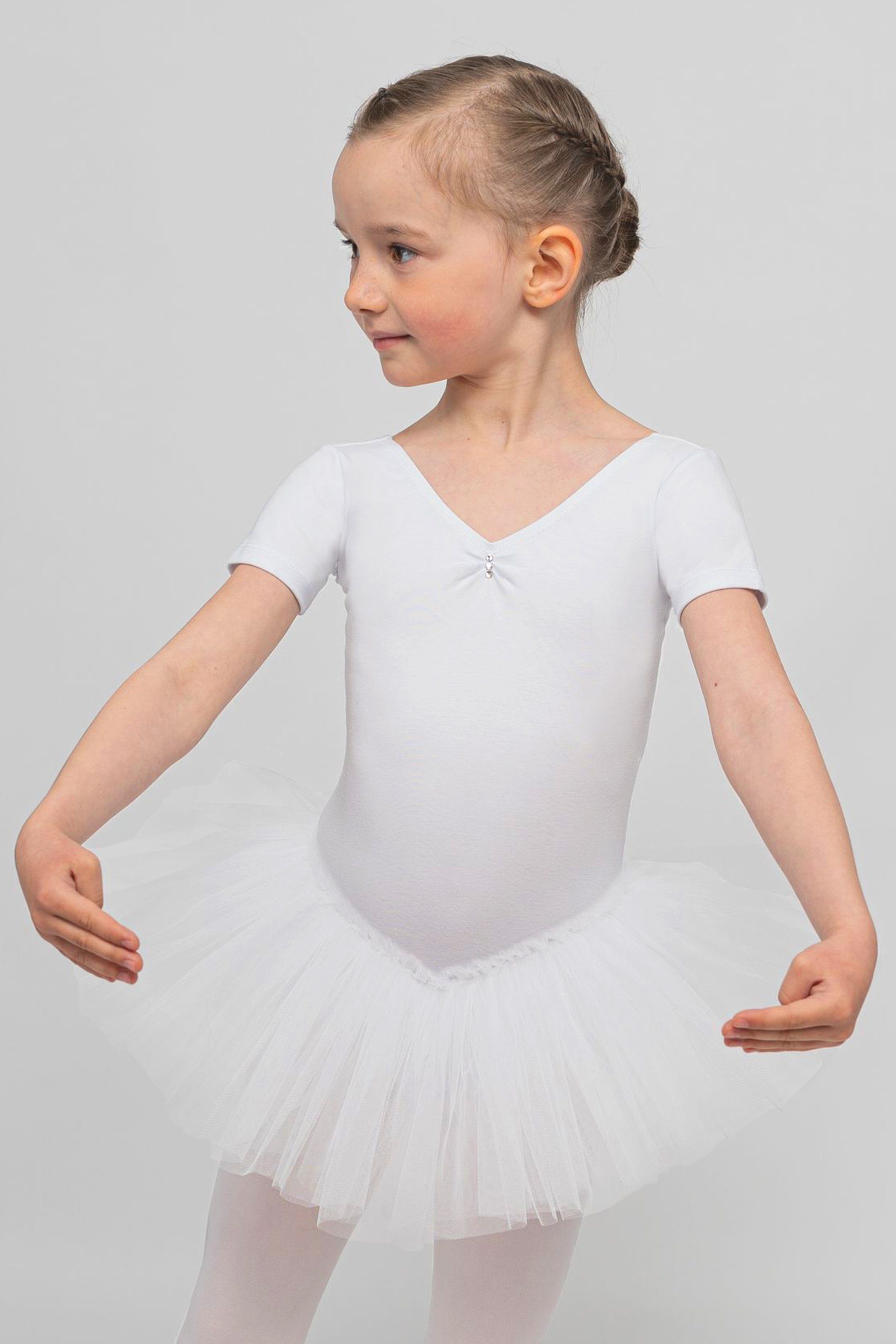 tanzmuster Tüllkleid Ballett Tutu Nele mit Glitzersteinen Kurzarm Ballettkleid aus weicher Baumwolle mit Tüllrock für Mädchen weiß