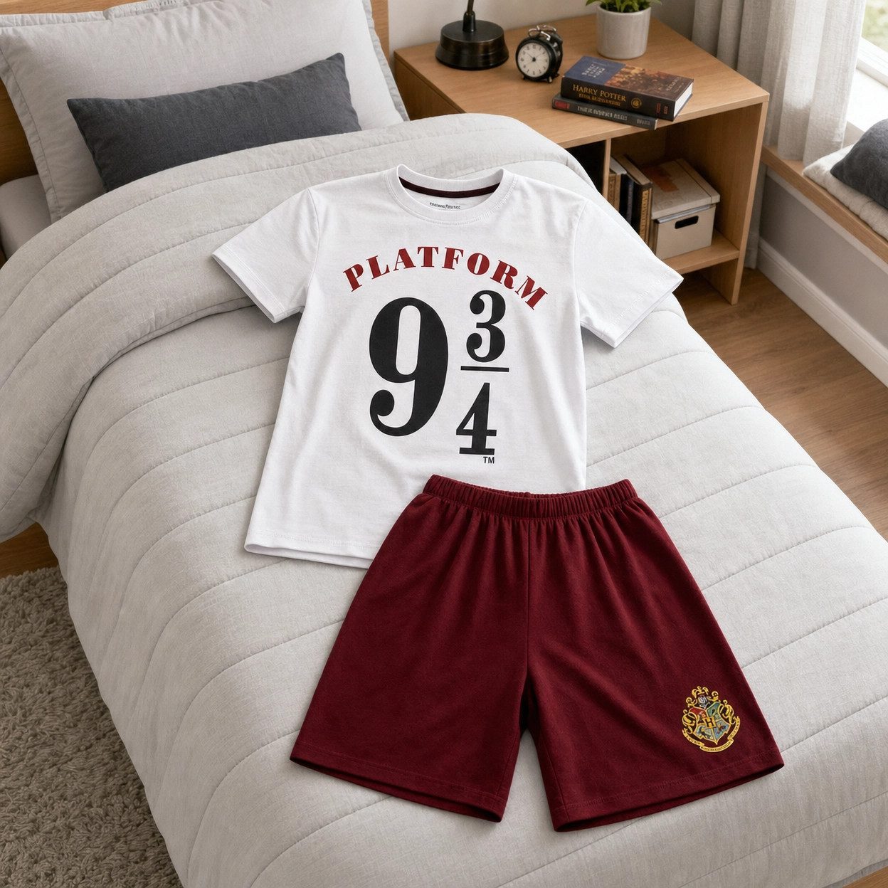 Harry Potter Schlafanzug Harry Potter Platform 9 3/4 kurzarm Pyjama Shirt Shorts Gr. 134 bis 164, Braun oder Weiß 100% Baumwolle – Bild 4 von 5