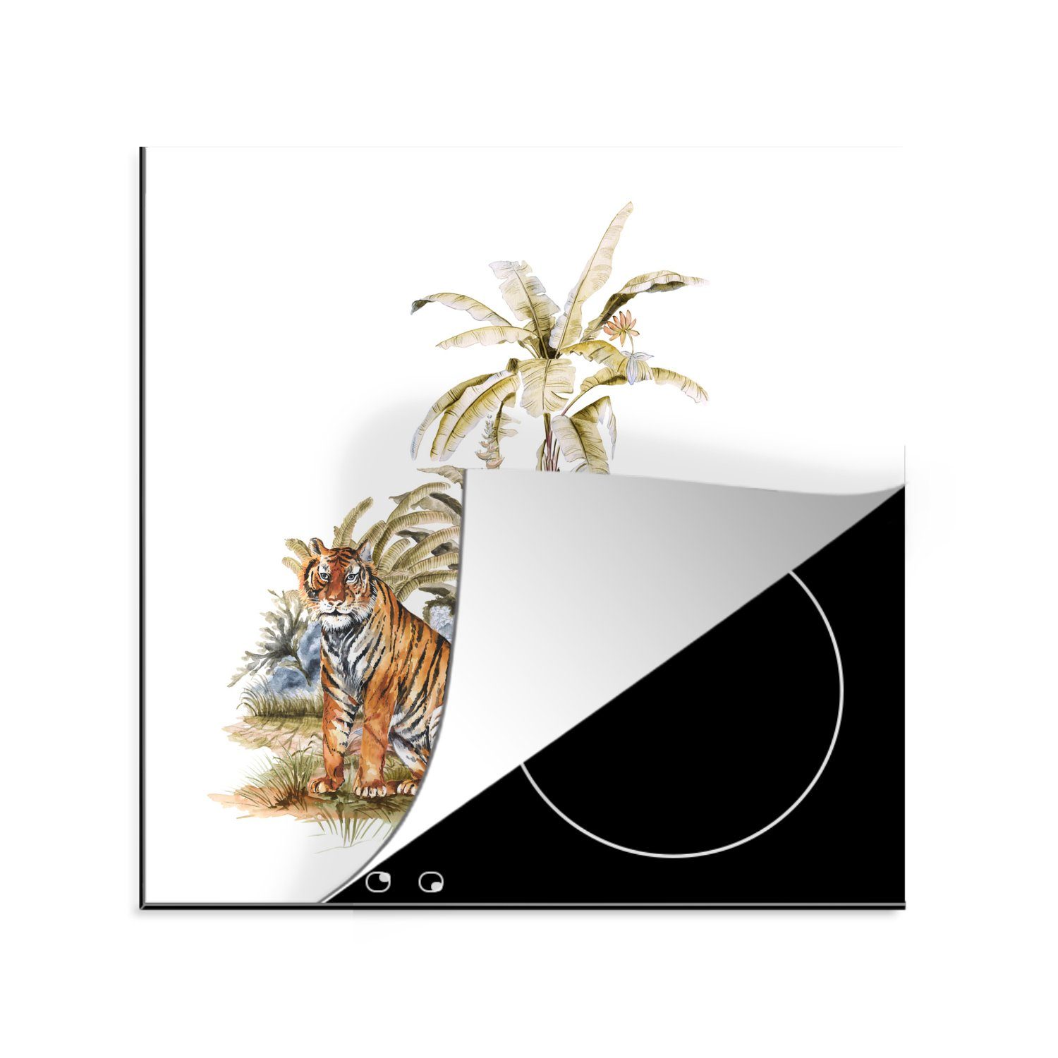 küche für Pflanzen Malerei, Tiger 78x78 - - MuchoWow Ceranfeldabdeckung, Arbeitsplatte cm, tlg), (1 Vinyl, Herdblende-/Abdeckplatte