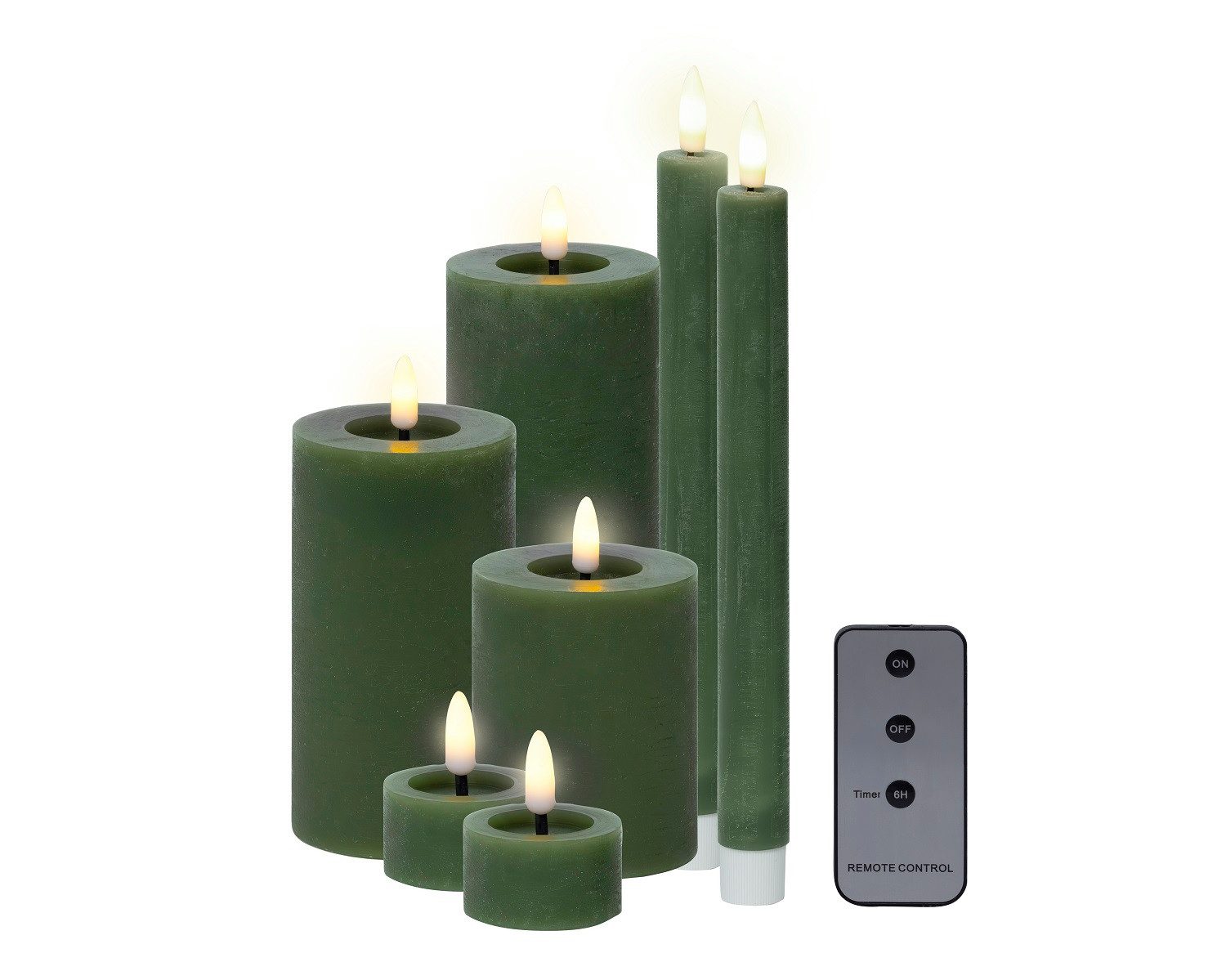 Lumineo LED-Christbaumkerzen Lumineo LED Wachskerzen 7er-Set Grün, batteriebetrieben, 6h-Timer, Indoor, Flacker-Effekt, 2x AAA Batterien, mit Fernbedienung