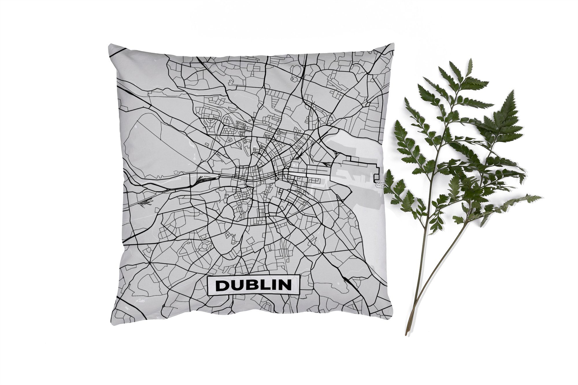 MuchoWow Dekokissen Dublin - Stadtplan - Schwarz und Weiß - Karte, Zierkissen mit Füllung für Wohzimmer, Schlafzimmer, Deko, Sofakissen