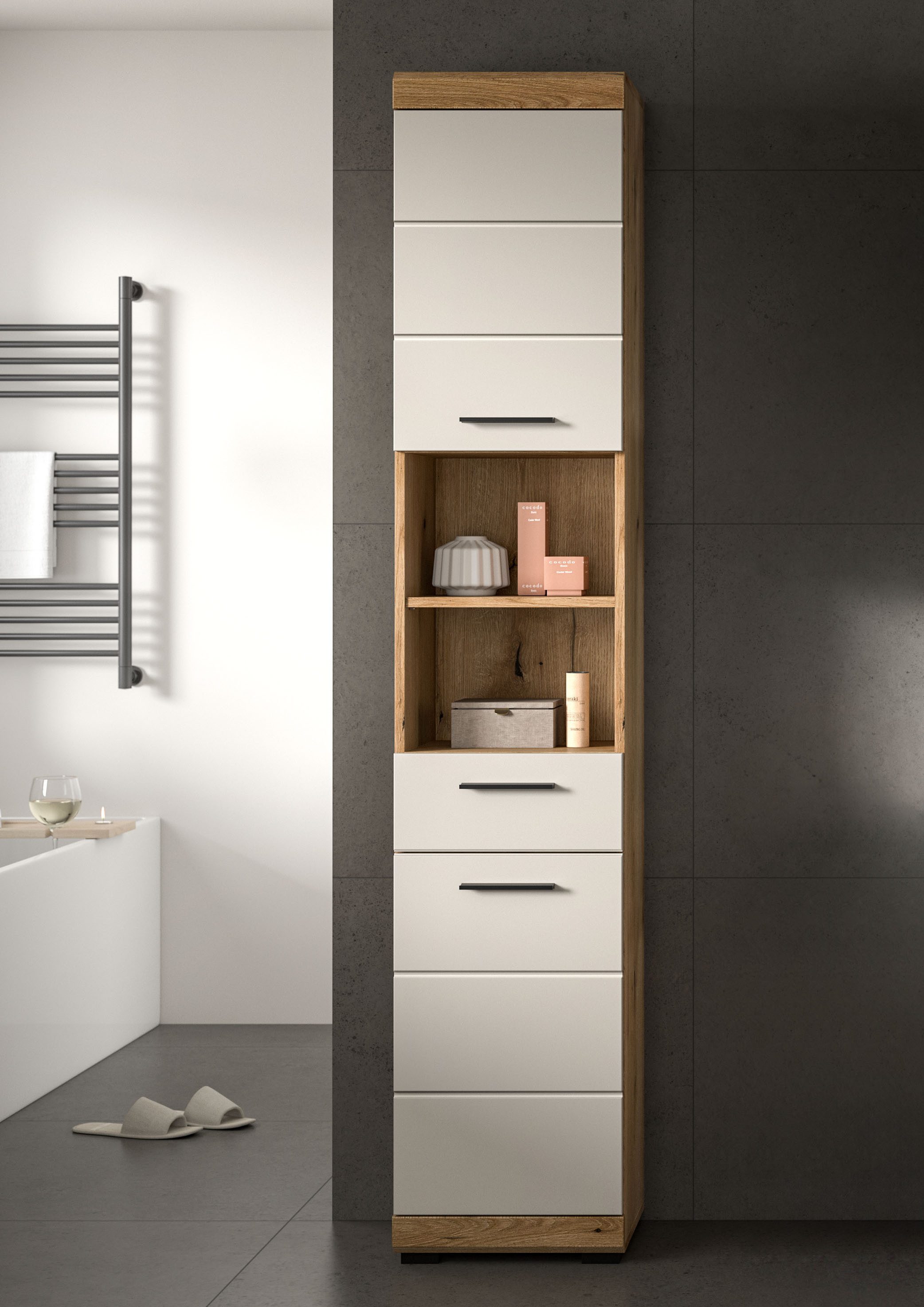 welltime Hochschrank SIENA, Breite 37cm, 2 Tür, 1 Schubkasten, 2 offene Fächer, MDF-Front (1-St., TOPSELLER) in verschiedenen Farben erhältlich, Badmöbel, Badschrank, Schrank, Bad