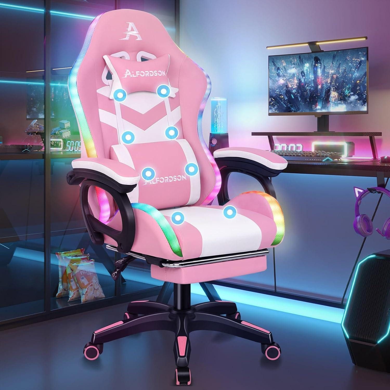 LuxusKollektion Gaming-Stuhl Gaming Stuhl mit 8-Punkt Massage RGB LED Ergonomisch Rosa