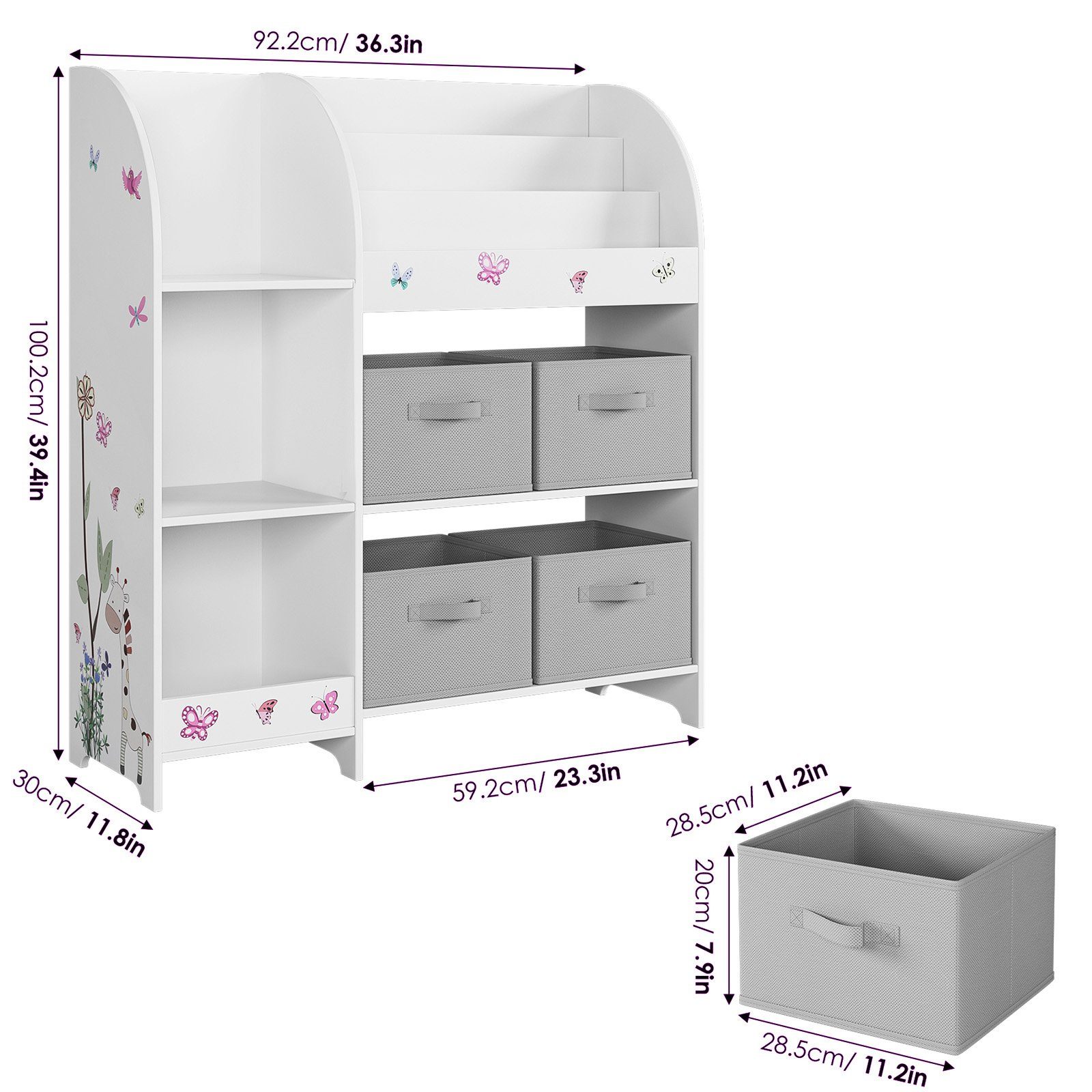 HOMECHO Toy Chest, Toy Shelf, Bookshelf, Children's Shelf with 4 Fabric Boxes