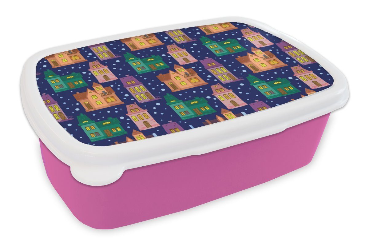 MuchoWow Lunchbox Winter - Muster - Haus, Kunststoff, (2-tlg), Brotbox für Erwachsene, Brotdose Kinder, Snackbox, Mädchen, Kunststoff rosa