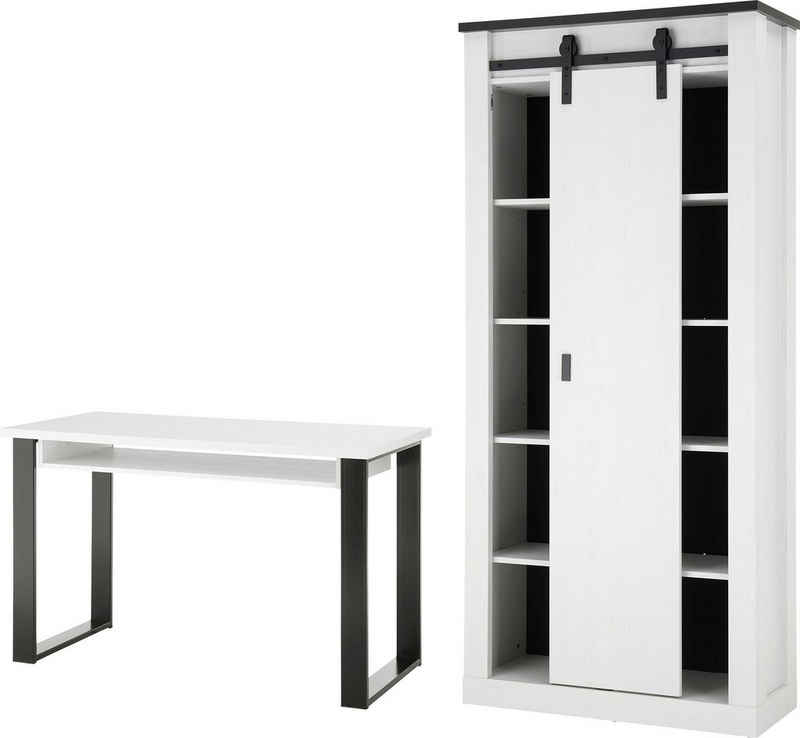 Home affaire Schrank-Set SHERWOOD, (2-St), Büromöbel Set, mit Scheunentorbeschlag aus Metall, Breite ca. 220 cm