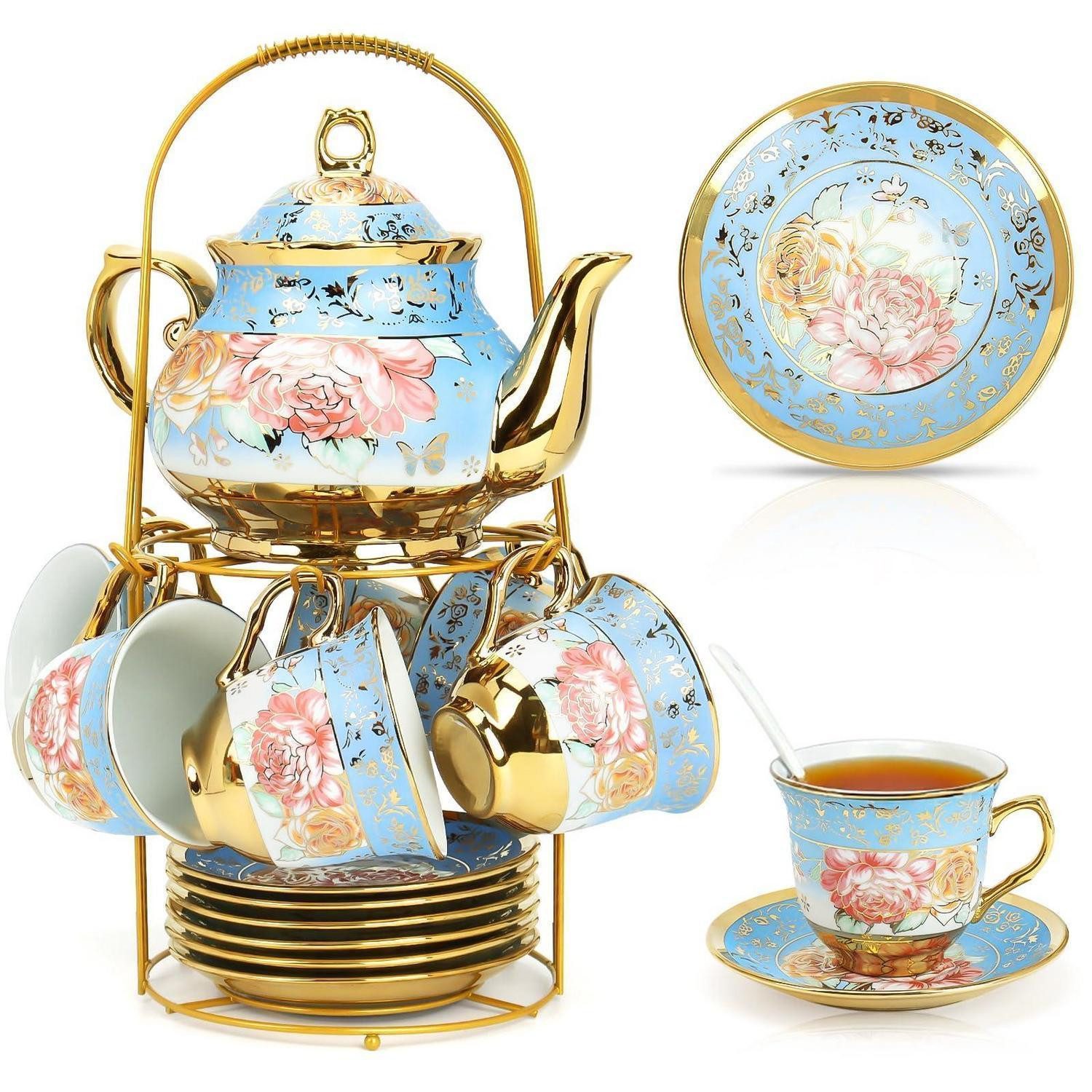 LuxusKollektion Teeservice Teeservice Porzellan 6 Personen Blumend. Gold Blau, Keramik