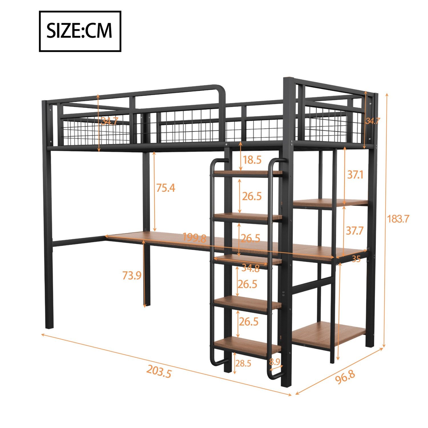 ANYSUN Hochbett Hochbett Metallbett 90x200 140x200 mit Tisch und Regal (Kinderbett Sicherheitsleiter mit Treppe) Jugendbett Erwachsenenbett, Metallgitter-Sicherheitszaun