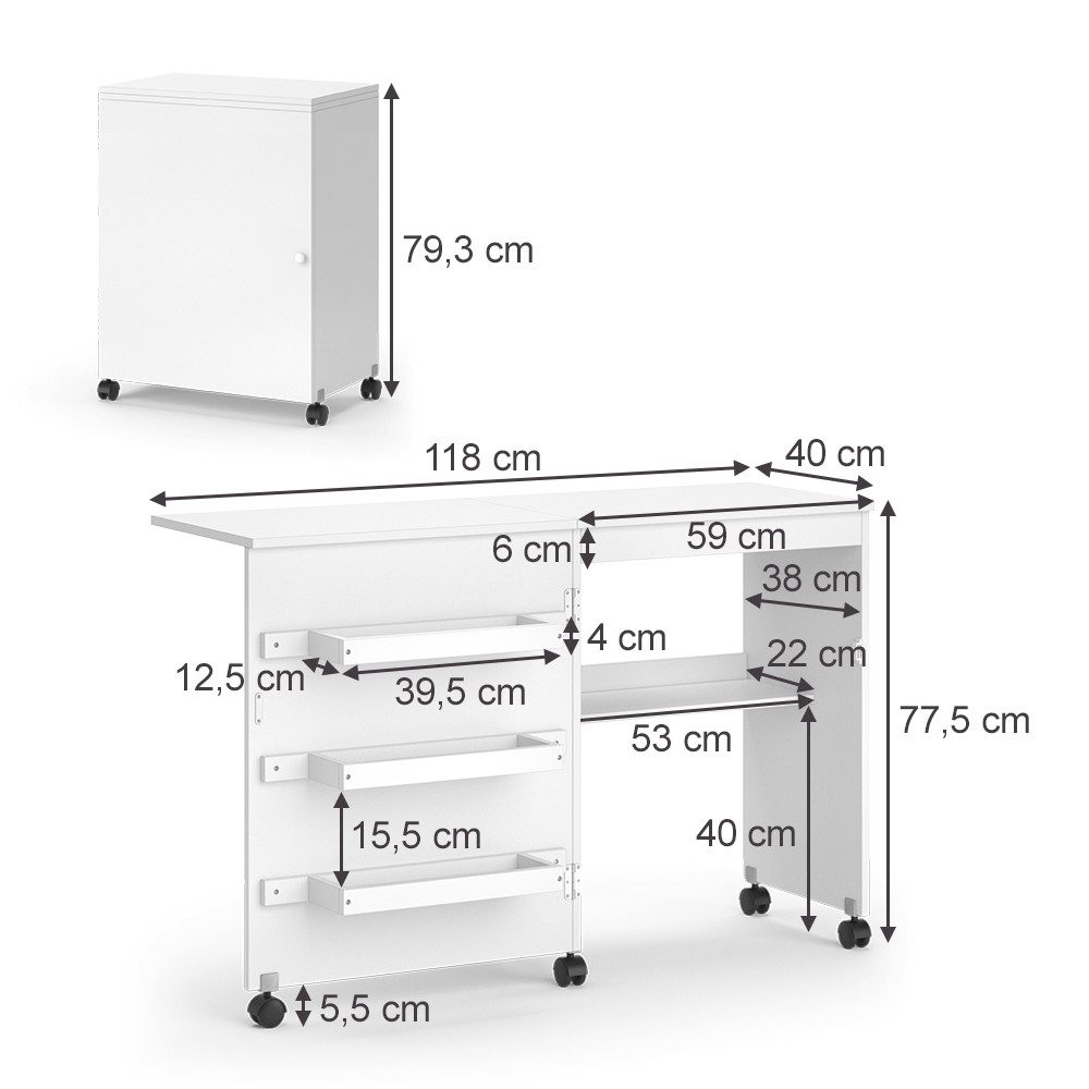 Vicco Schreibtisch Carmen, Weiß, 118.5 x 79.5 cm mit 3 Regalen (1-St)