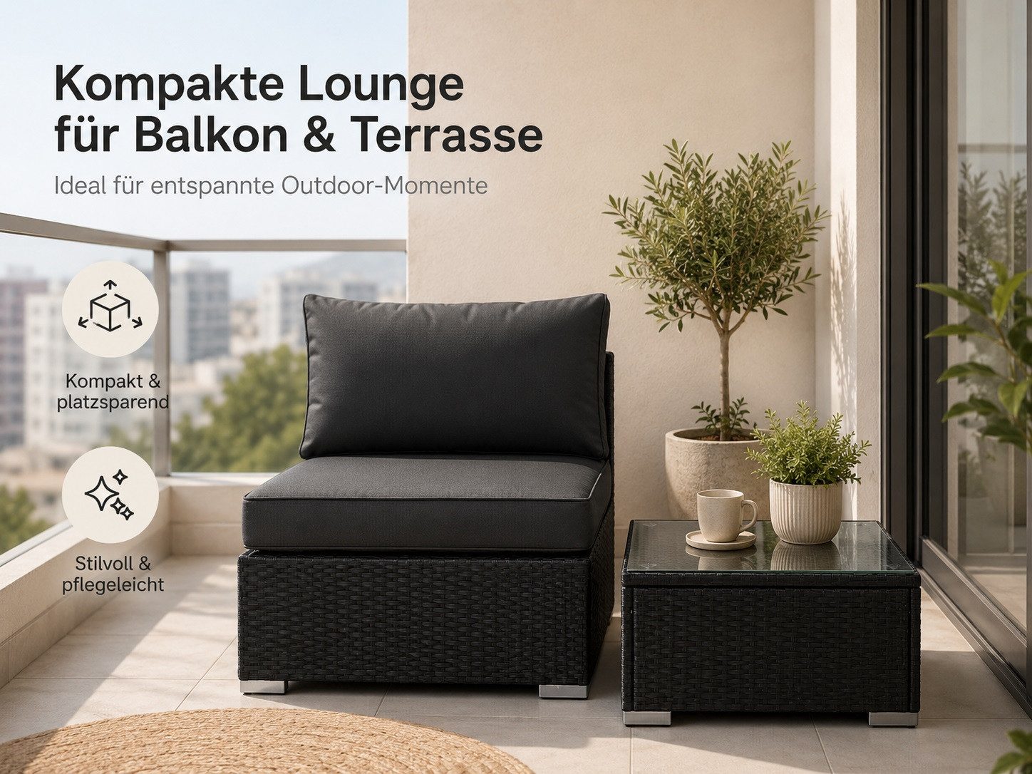 MeXo Gartenlounge-Set modulares Poly-Rattan Lounge-Set, (Lounge-Sitzmodul mit Glas-Beistelltisch, 10 cm Polster, Balkonmöbel wetterfest, UV-beständig), kleines Gartenmöbel-Set für Balkon & Terrasse