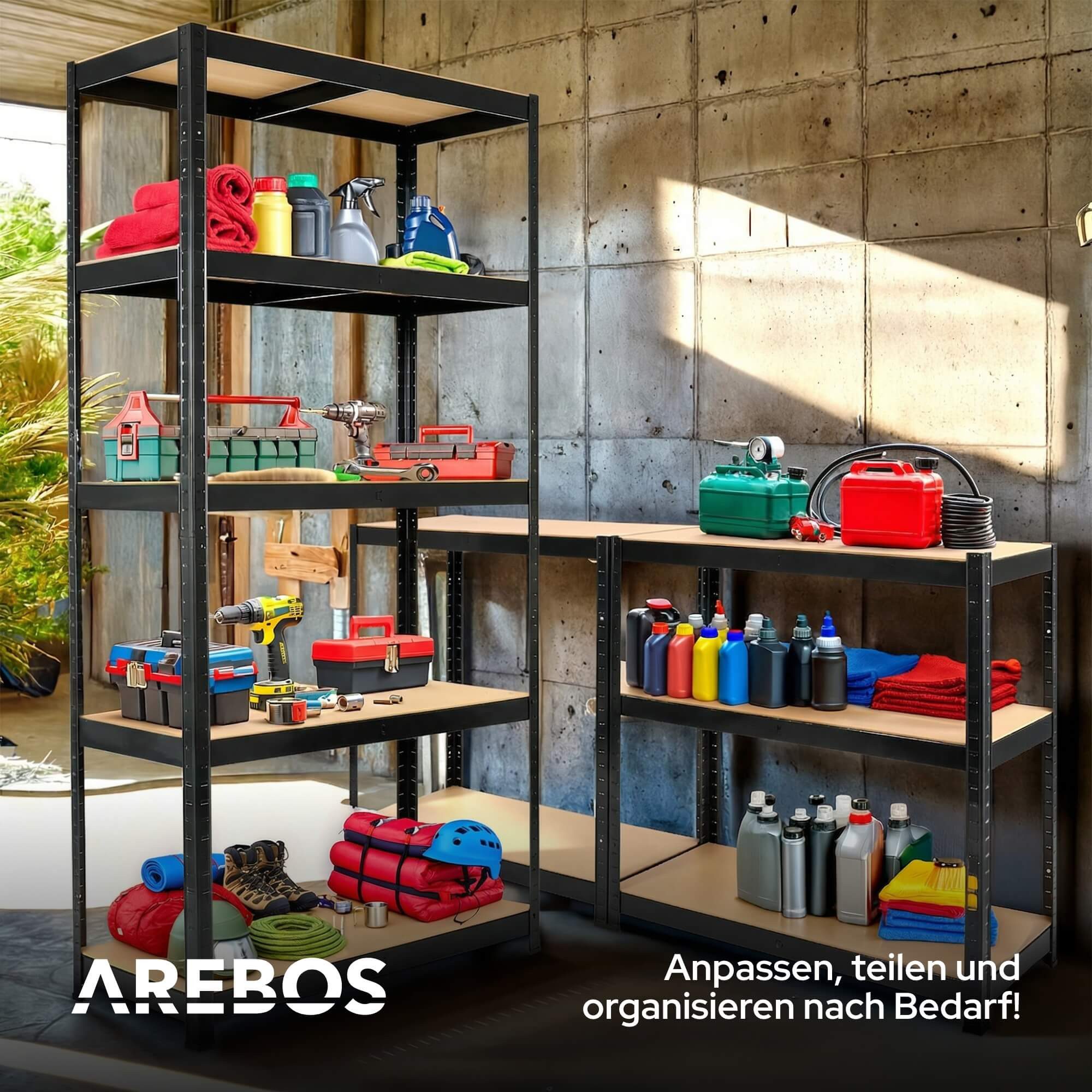 Arebos Schwerlastregal 180x90x40 cm, 5 Böden, 875 kg Traglast, Steckregal, Lagerregal, Stück, Flexibel einsetzbar: für Werkstatt, Garage, Keller oder Lager – Bild 5 von 5