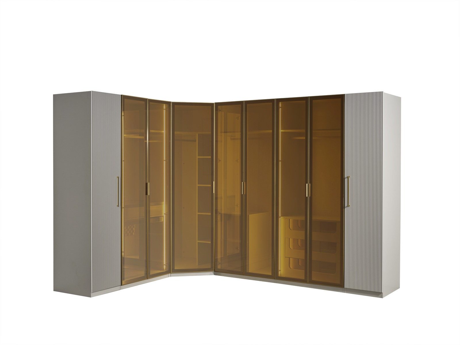 Villa Möbel Kleiderschrank (Kleiderschrank, 1-St., Eckschrank) Elegante Glasfront ruhiges Design hochwertige Verarbeitung