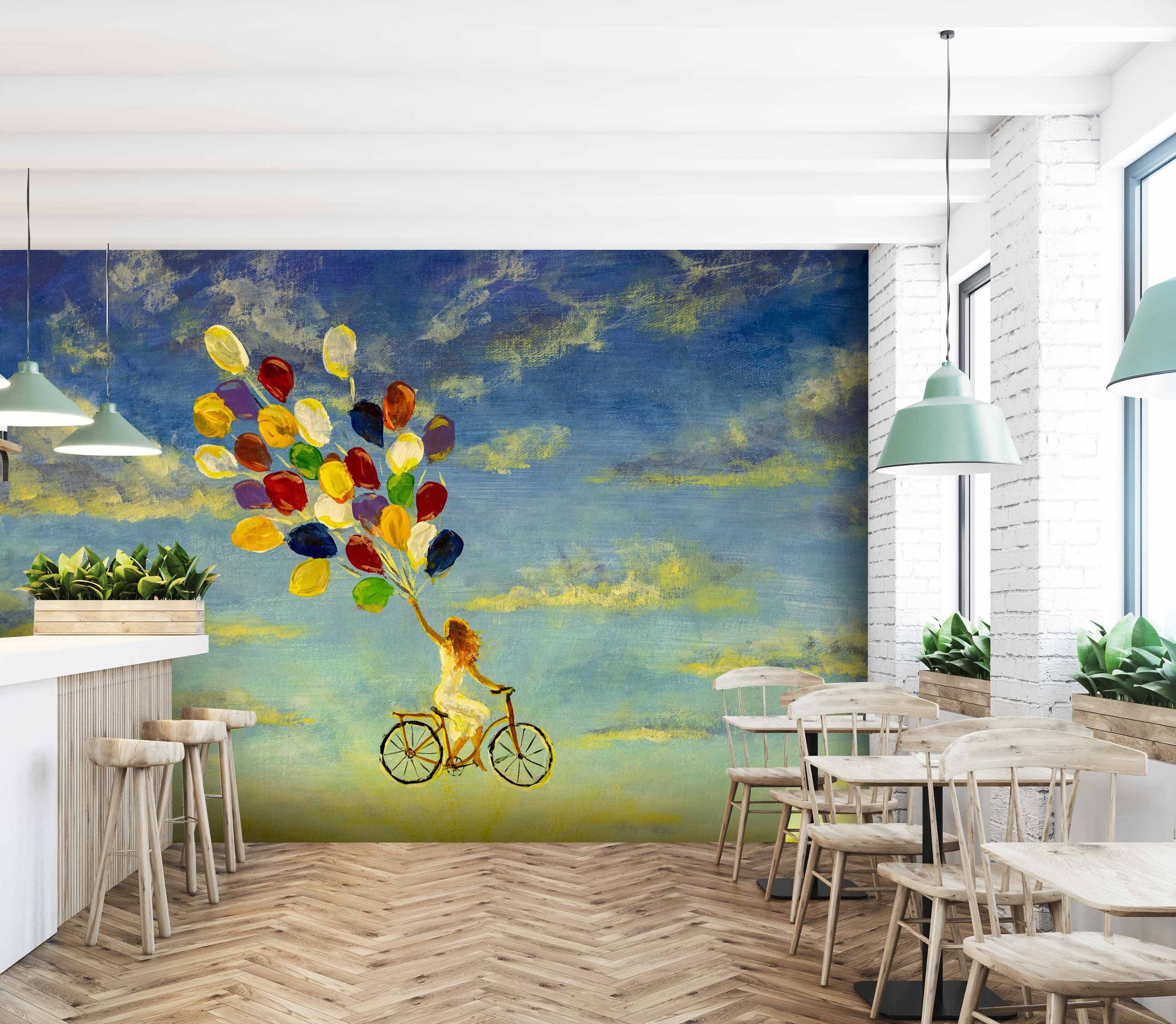Luftballons auf Frau Gemälde mit Motivtapete, Fototapete matt, Fahrrad, wandmotiv24 glatt, Wandtapete, Vliestapete
