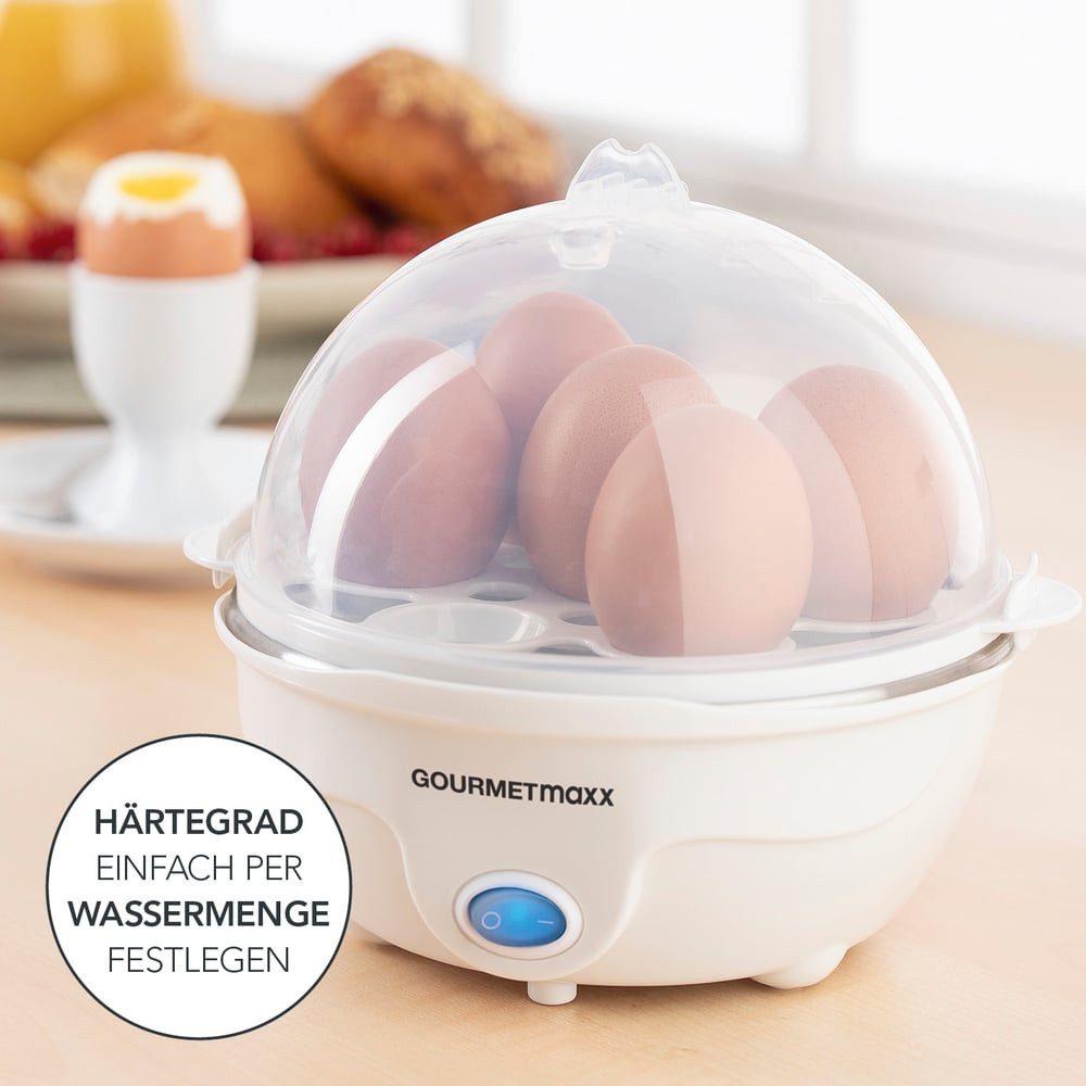 GOURMETmaxx Eierkocher Eierkocher Für 7 Frühstückseier, 350 W, Eierkocher einfach ohne Herd, regulierbarer Härtegrad durch Wasser