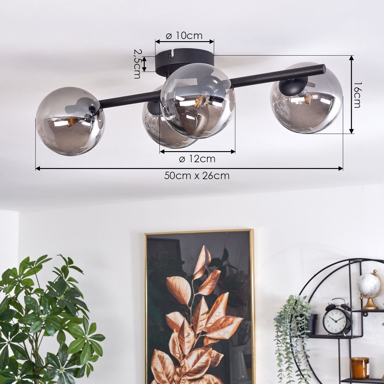 hofstein Deckenleuchte Deckenlampe aus Metall/Glas in Schwarz/Rauchfarben, ohne Leuchtmittel, Leuchte im Retro-Design aus Glas, 4 x G9 LED, ohne Leuchtmittel – Bild 4 von 5