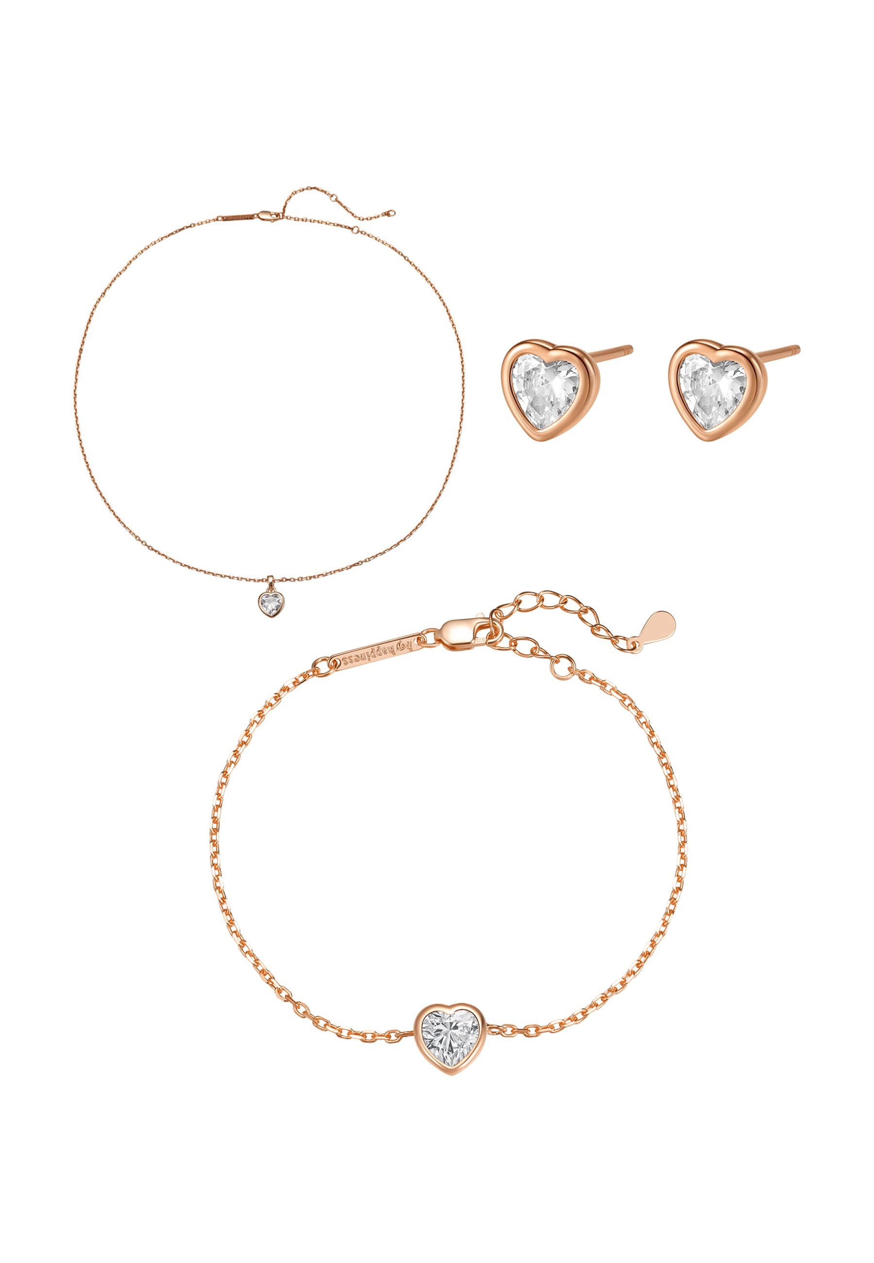 Hey Happiness Schmuckset Lumina Herz, aus 925 Silber mit Zirkonia Herzen, Elegantes Damen Set mit Herz Kette, Armband & Ohrsteckern