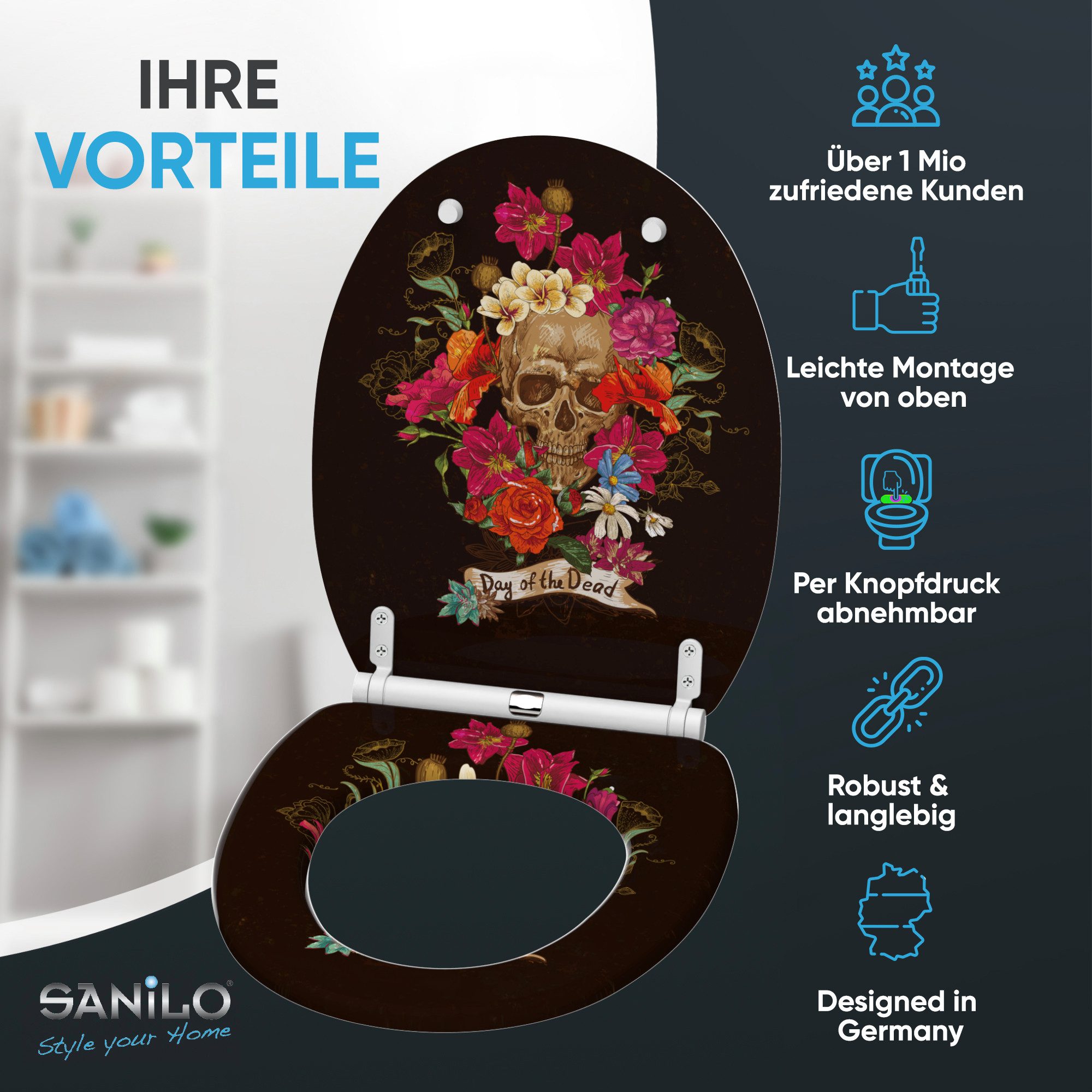 Sanilo WC-Sitz Day of the Dead mit Absenkautomatik & Quick Release, Premium Toilettendeckel, abnehmbar, leichte Montage von oben – Bild 2 von 5
