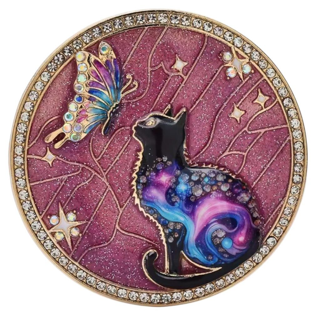Dark-Desires Brosche Vintage Katzen Brosche Galaxie & Pink Emaille, Strass & Schmetterling, Damen Brosche vintage Accesssoire retro Anstecknadel