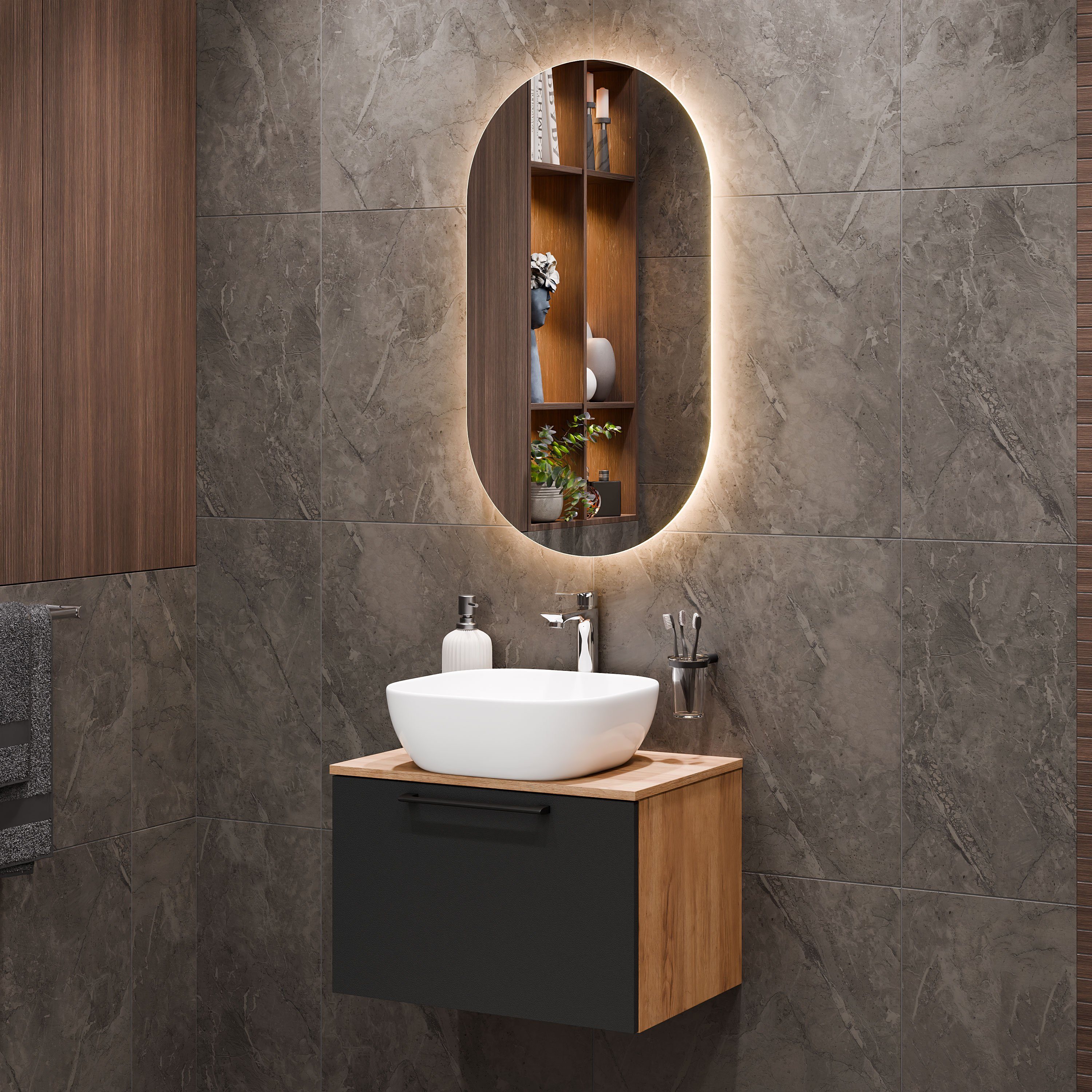 Planetmöbel Badmöbel-Set Astra, (Badezimmer Möbel im modernen Design, 2-St), Waschtisch und Waschbecken weiß
