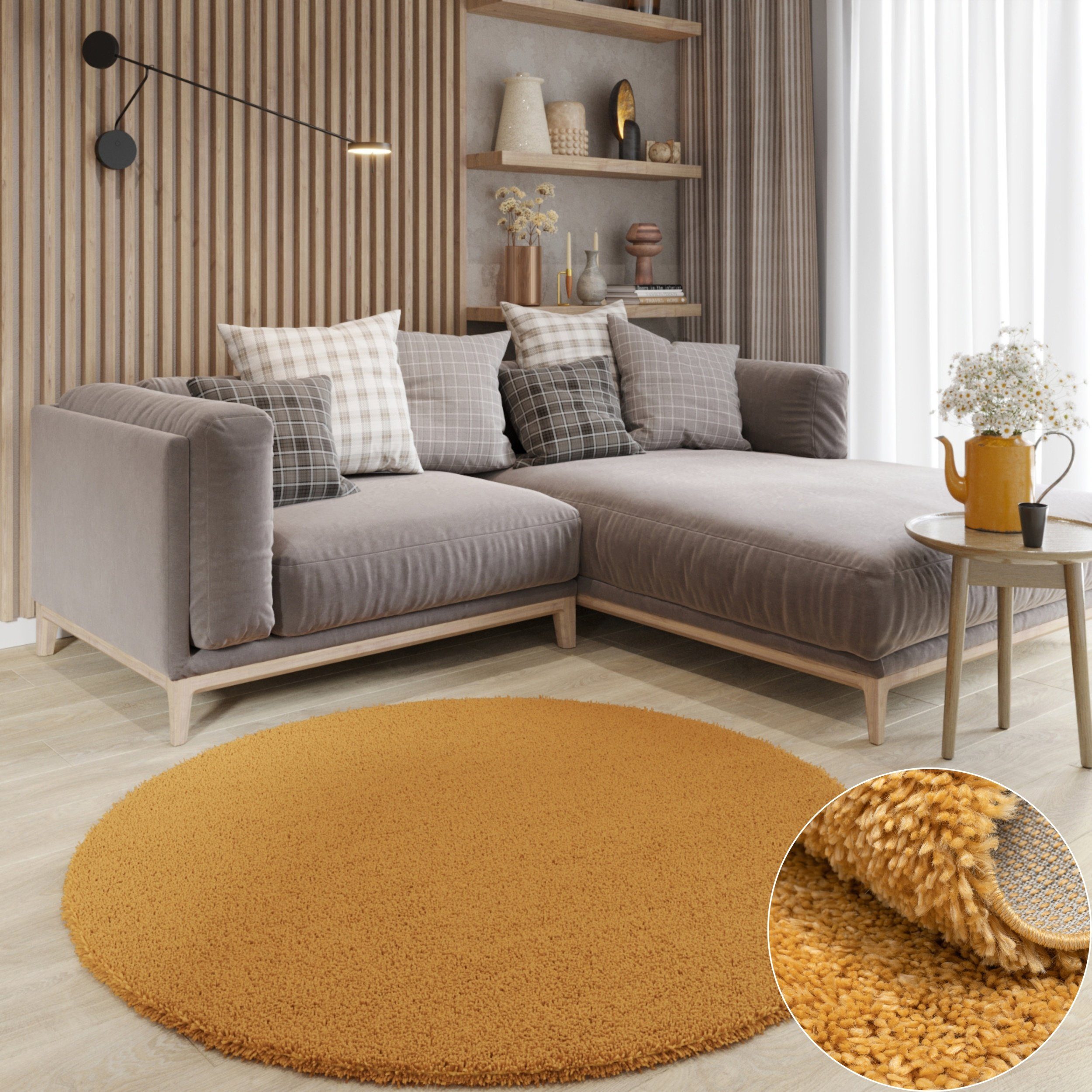 Wohnando Teppich MY-RUG Hochflorteppich Shaggy Star 100x100cm, rund, Höhe: 38 mm, einfarbig, leicht glänzend, extra flauschig