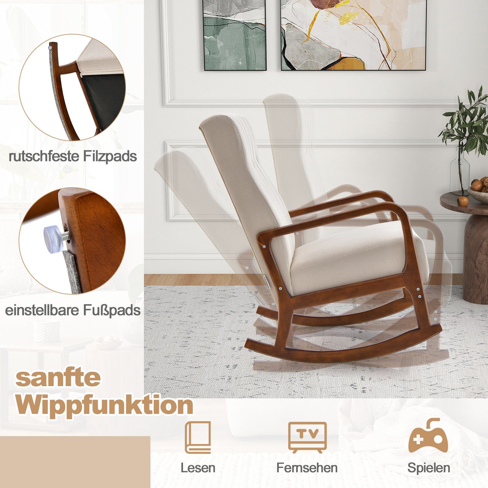 COSTWAY Schaukelstuhl, mit Hocker, gepolsterter Sessel, Massivholz, 150kg