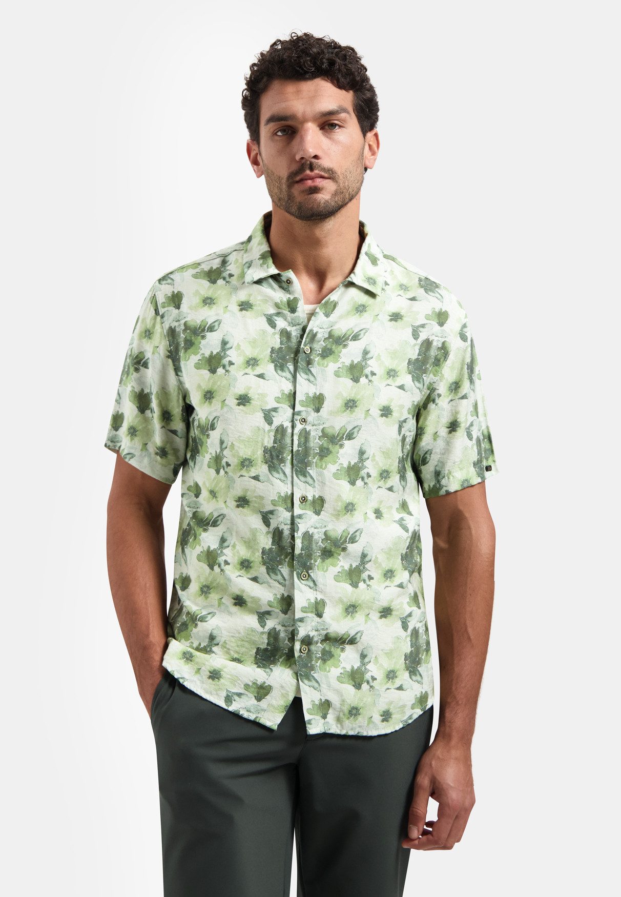 NO EXCESS Kurzarmhemd Shirt Short Sleeve Stretch Allover Printed Green