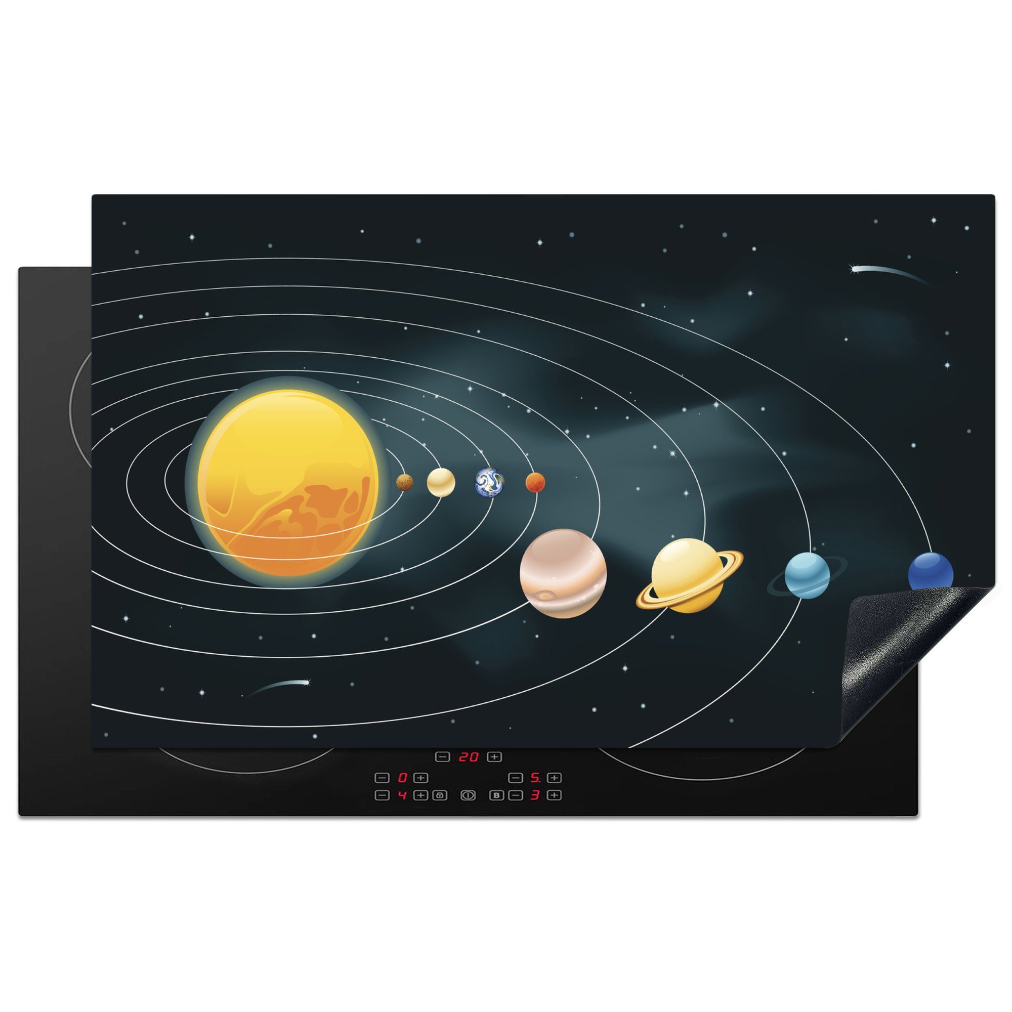 MuchoWow Herdblende-/Abdeckplatte Eine Illustration für Sonnensystems (1 cm, Arbeitsplatte mit Vinyl, den küche des 83x51 Planeten, tlg), Ceranfeldabdeckung