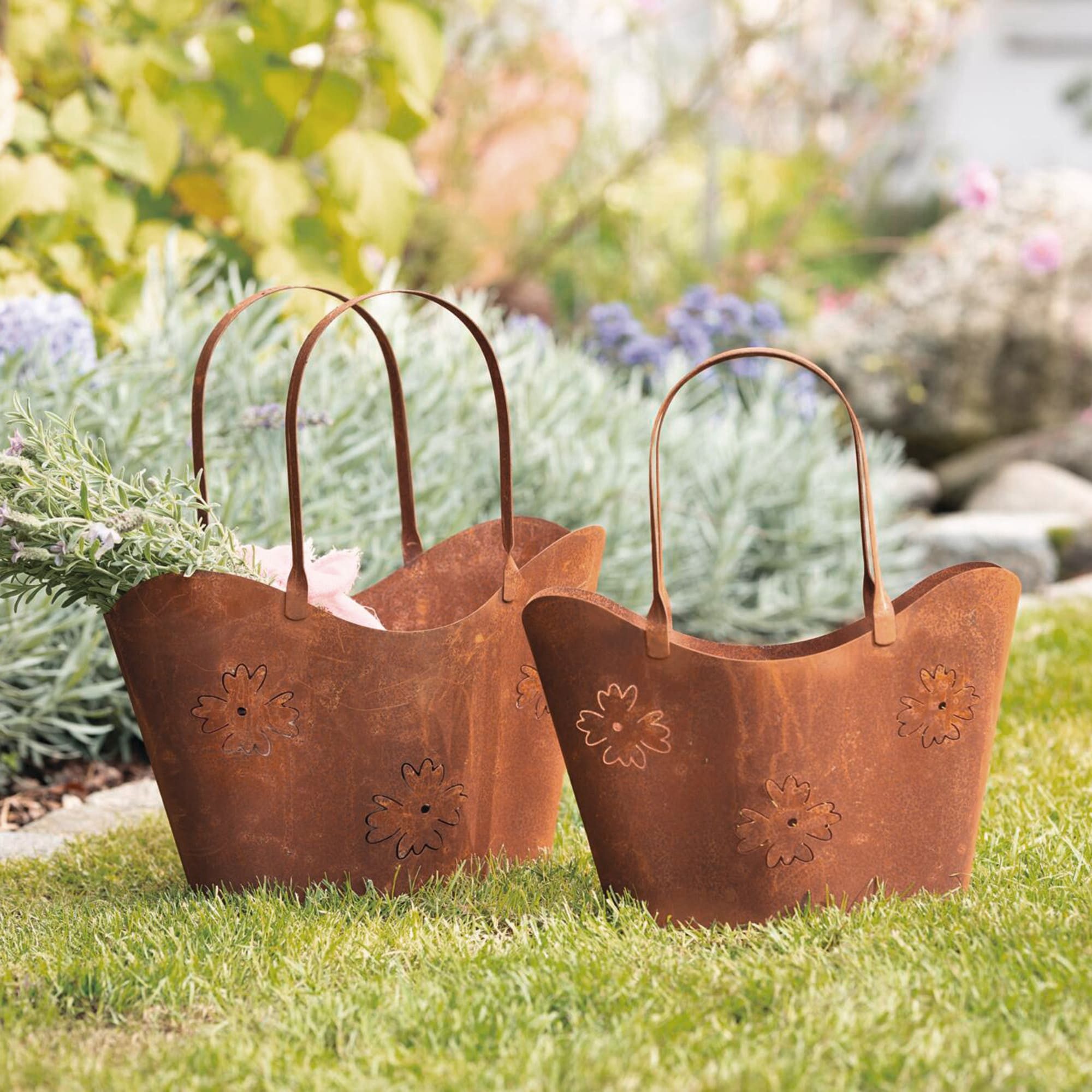 Dekoleidenschaft Blumentopf "Tasche" Metall, Rost Finish, Pflanztopf in Taschenform, Pflanzgefäß (2 St., im Set), Gartendeko für Draußen, Pflanztasche