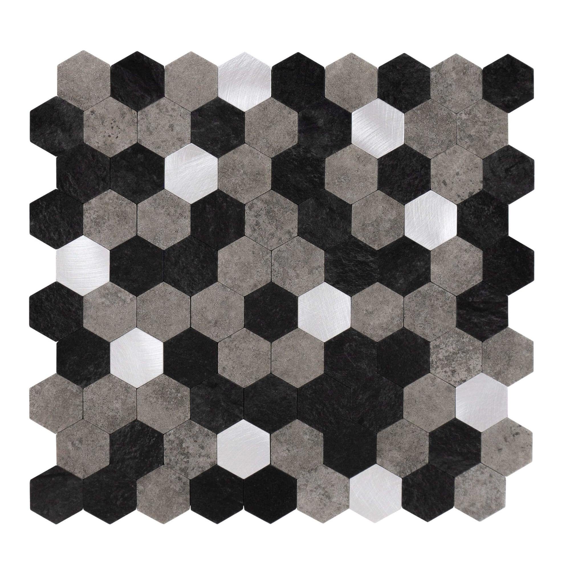 Dalsys Wandpaneel 0,88m² 11 Stück selbstklebend, (Schwarz Grau Silber Hexagon, 11-tlg., Wandfliese) feuchtigskeitsbeständig, einfach montiert, hochwertiges Material