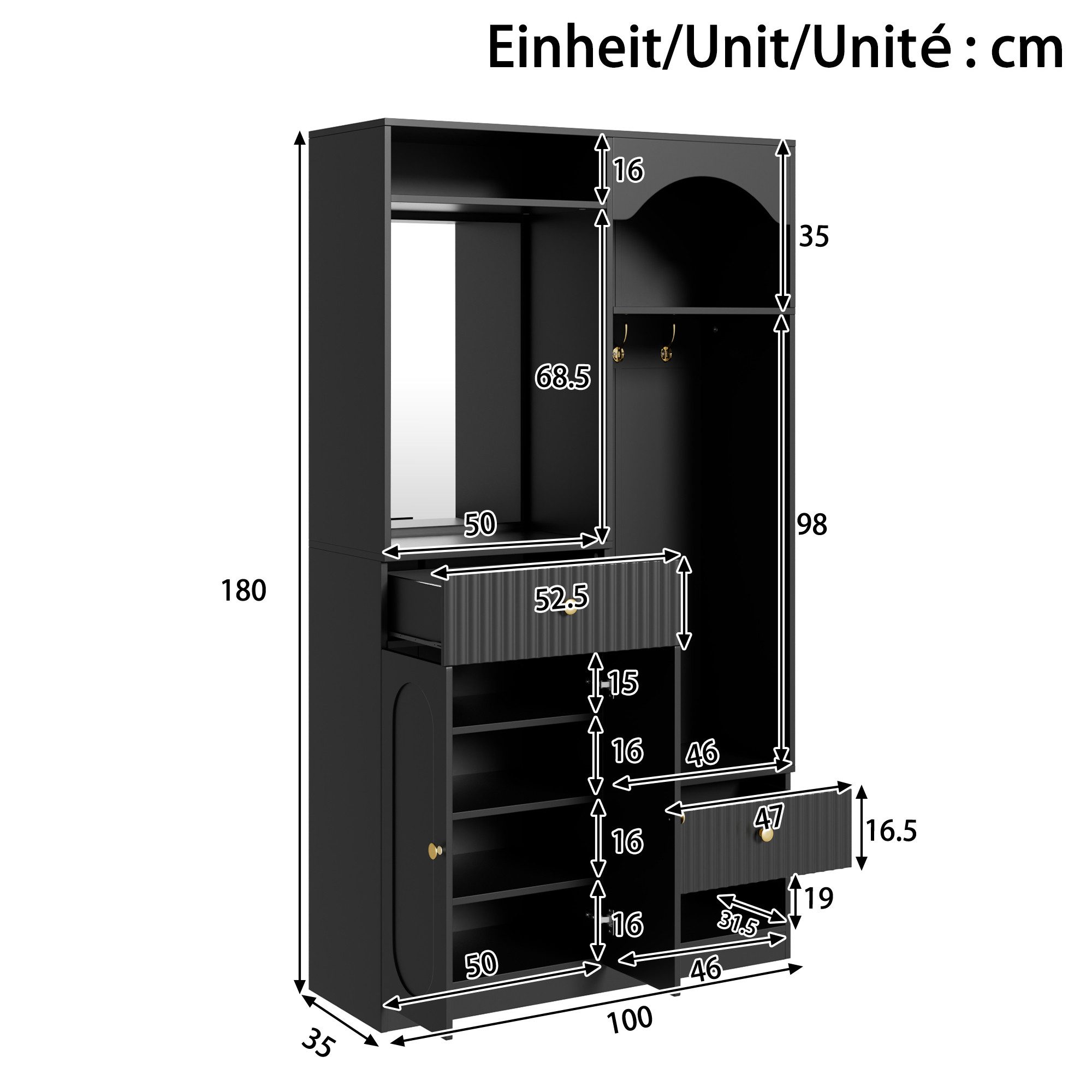 Merax Kompaktgarderobe mit Spiegel & Sitzbank (100 x 35 x 180 cm, 1-St) Garderoben-Set Flurgarderobe mit Schuhschrank, Haken & Stauraum – Bild 4 von 5