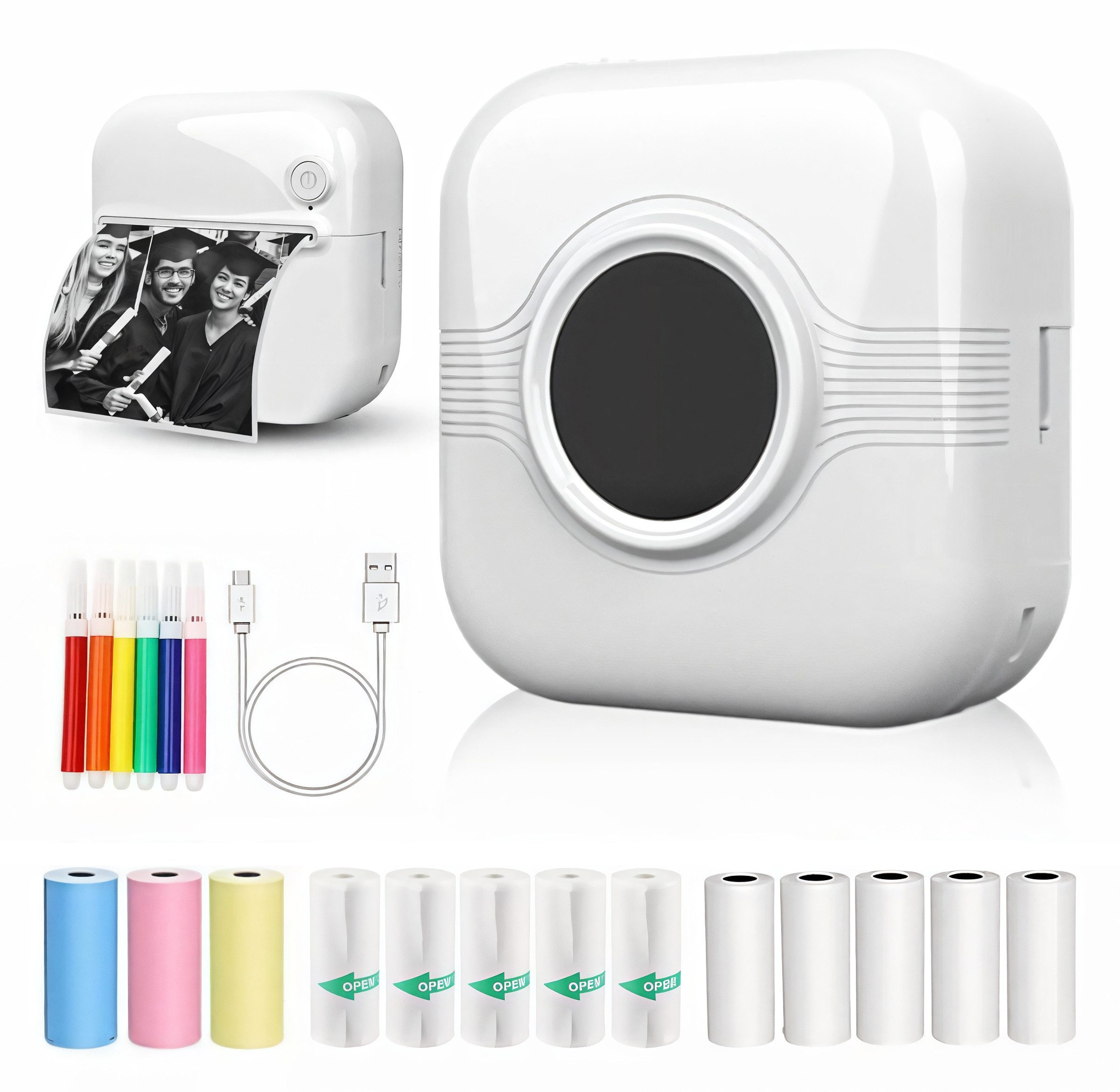 MOPUEA Mini Thermodrucker tragbar Фотопринтер ideal für Kinder, DIY Unterwegs Принтер ярликів, (Bluetooth, ohne Tinte für iOS/Android, inkl. 13 Rollen Papier und USB-Kabel)