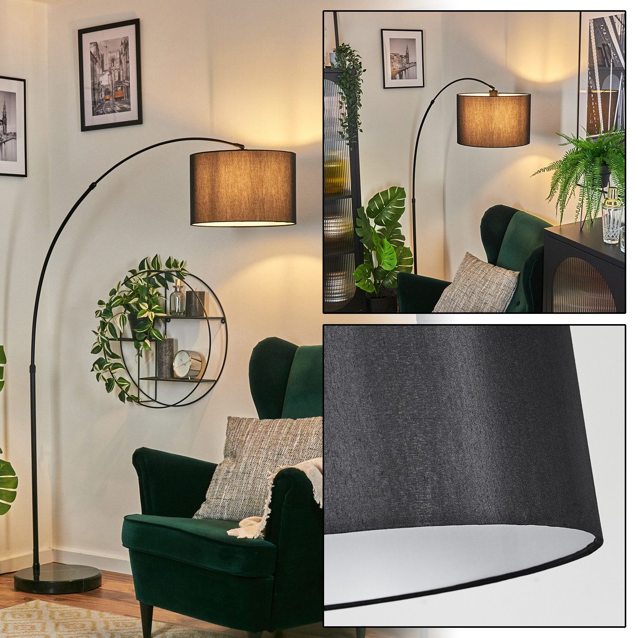hofstein Bogenlampe Stehlampe mit Marmorfuß aus Metall/Stoff in Schwarz/Weiß, verstellbare Stehleuchte im modernen Design mit Fußschalter, E27