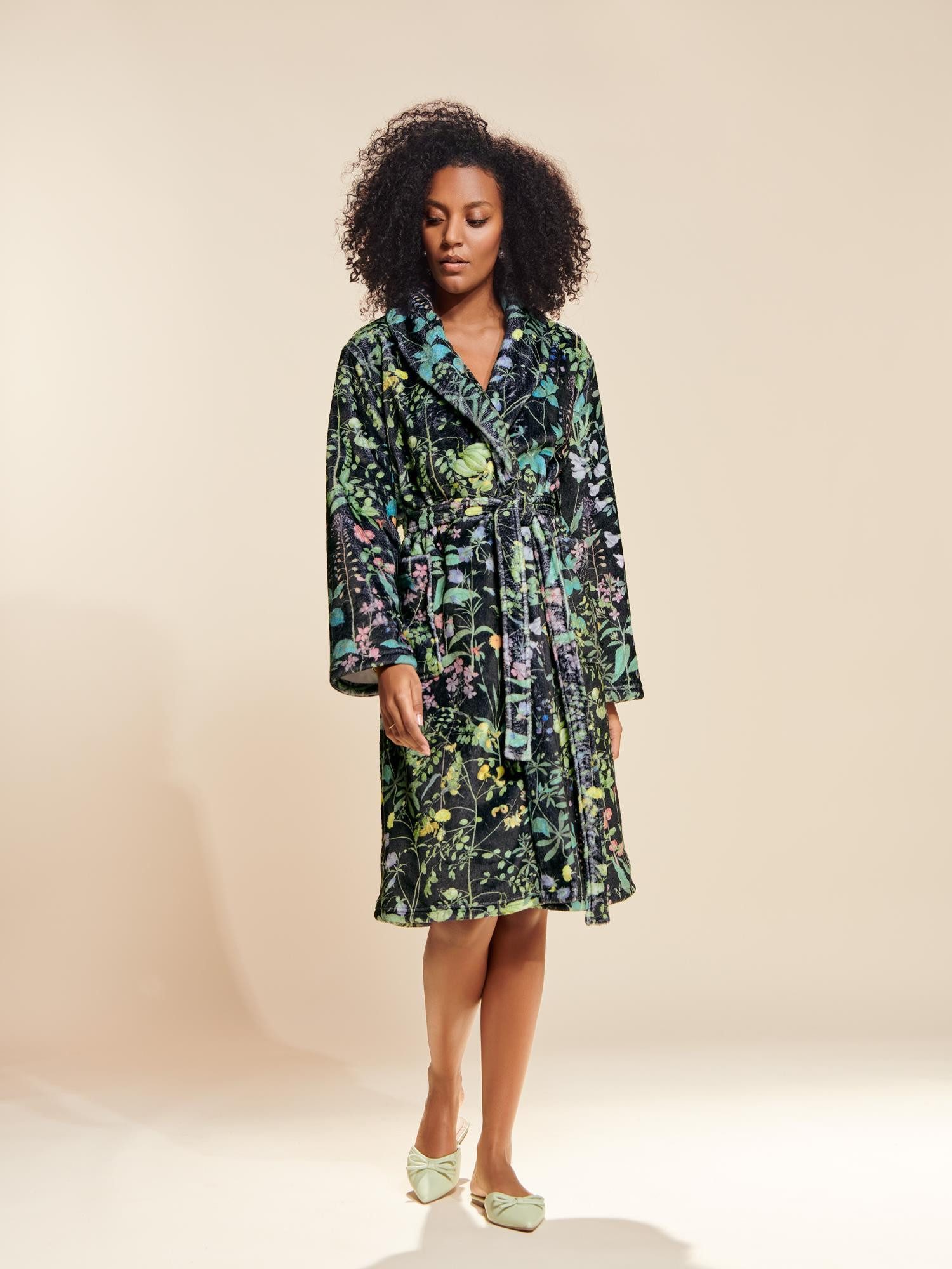 Essenza Damenbademantel Steff Augustine, Midilänge, Polyester, Schalkragen, mit Taschen, Gürtel, mit floralem Rijksmuseum-Print