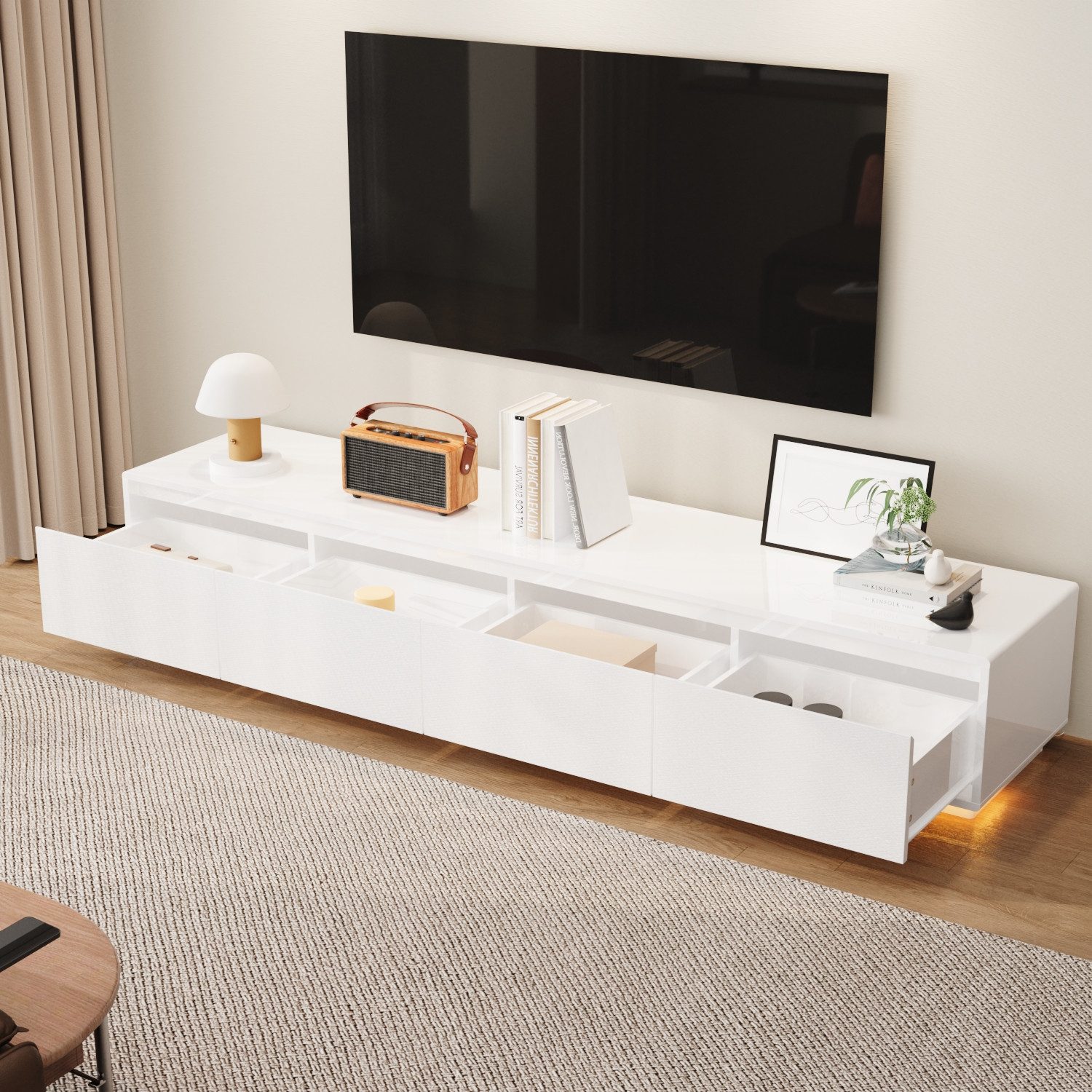 FUFU&GAGA Lowboard mit 4 Schubladen, mit Beleuchtung 3 Farbe, 180 x 30 x 40 cm, MDF