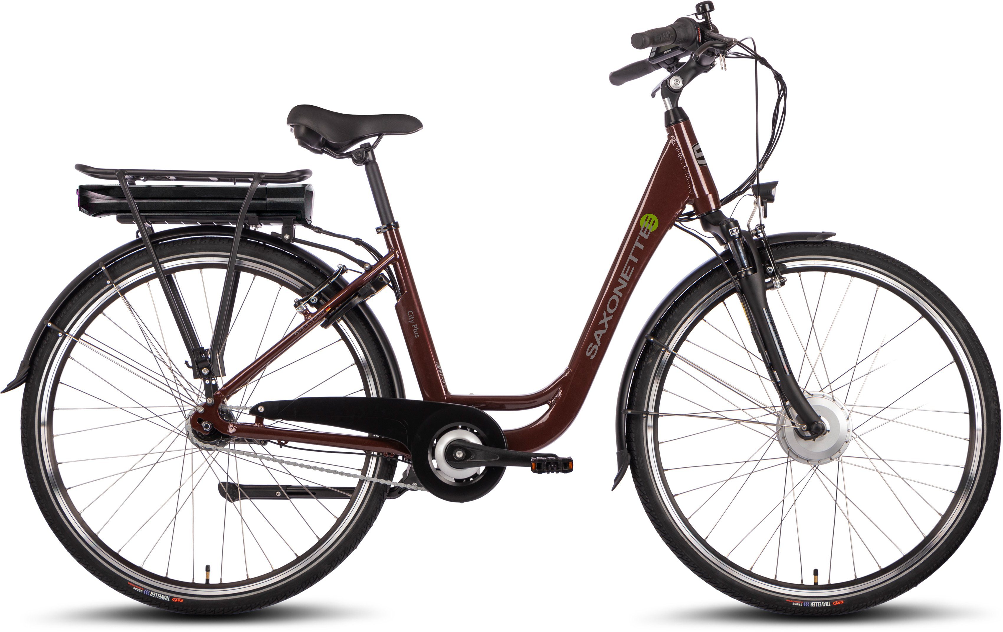 E-Bike Plus, City (mit Nabenschaltung, 375 SAXONETTE 7 Wh Frontmotor, Akku-Ladegerät) Akku, Gang,