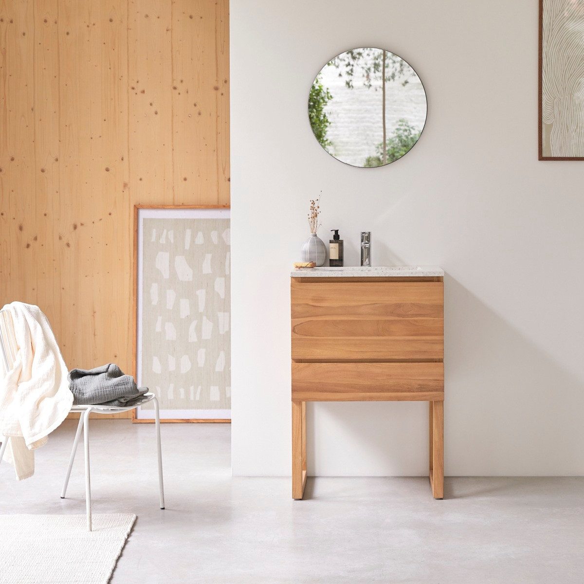 Tikamoon Waschtisch Badezimmerschrank Edgar aus massivem Teakholz und Premium-Terrazzo Moo