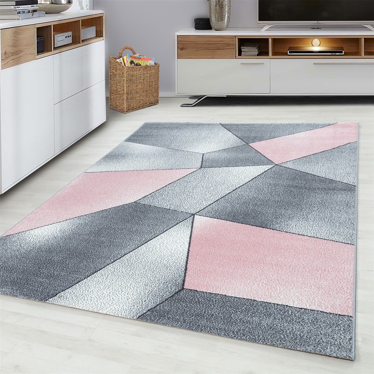 Pink Designerteppich Esszimmer 7 rechteckig, Mosaikoptik, mm, Angeycasa, Kurzflorteppich Teppich Schlafzimmer Wohnzimmer Höhe: