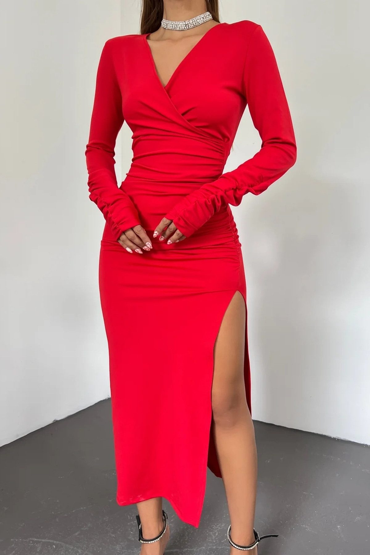 WOMAN VISION Minikleid Damen Stretch Stoff Wickel Hals Schlitz Langarm Midi günstig online kaufen