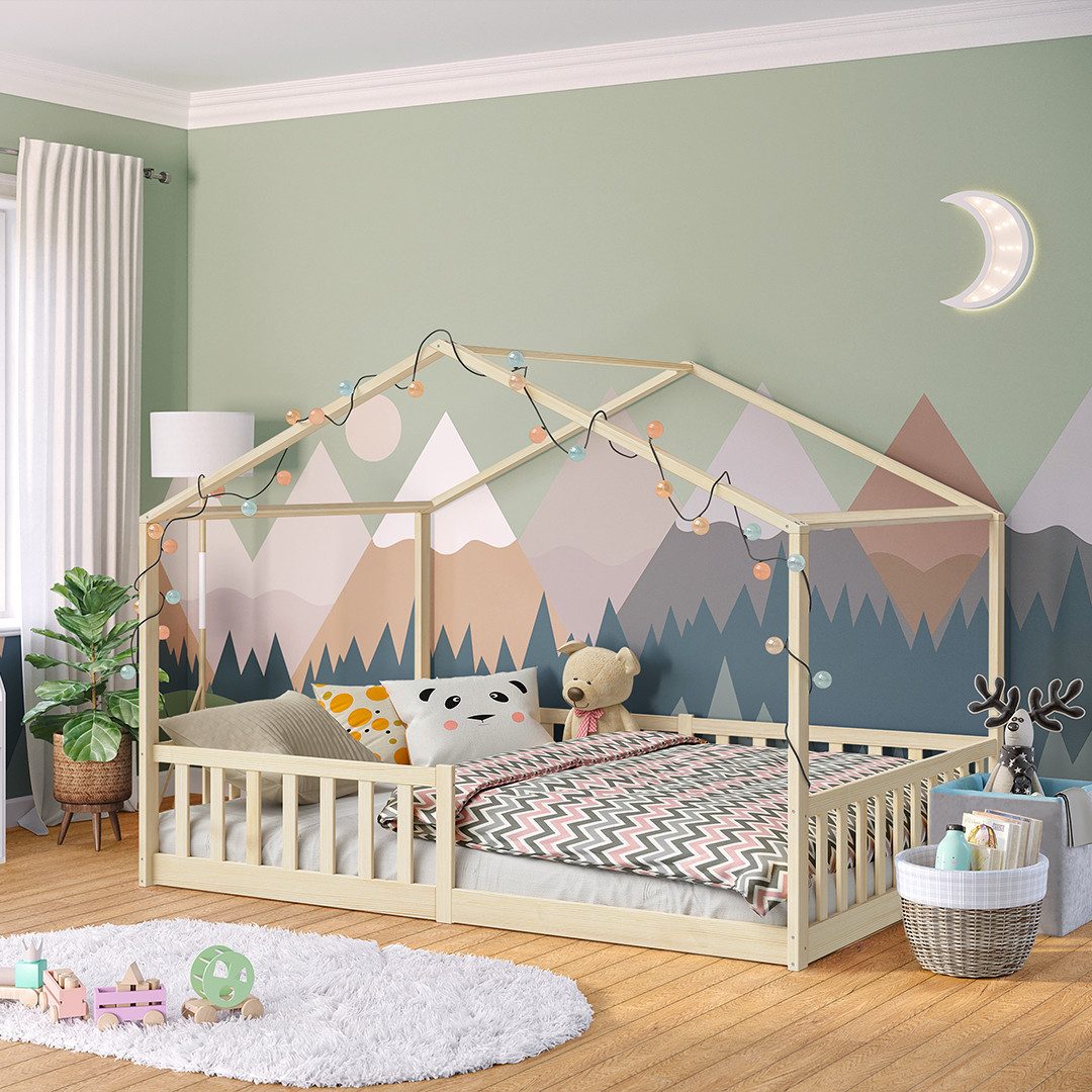 Bellabino Hausbett Bia mit Lattenrost (natur, optional mit Matratze), Bodenbett mit Rausfallschutz, verfügbar in 80x160 & 90/120/140x200 cm