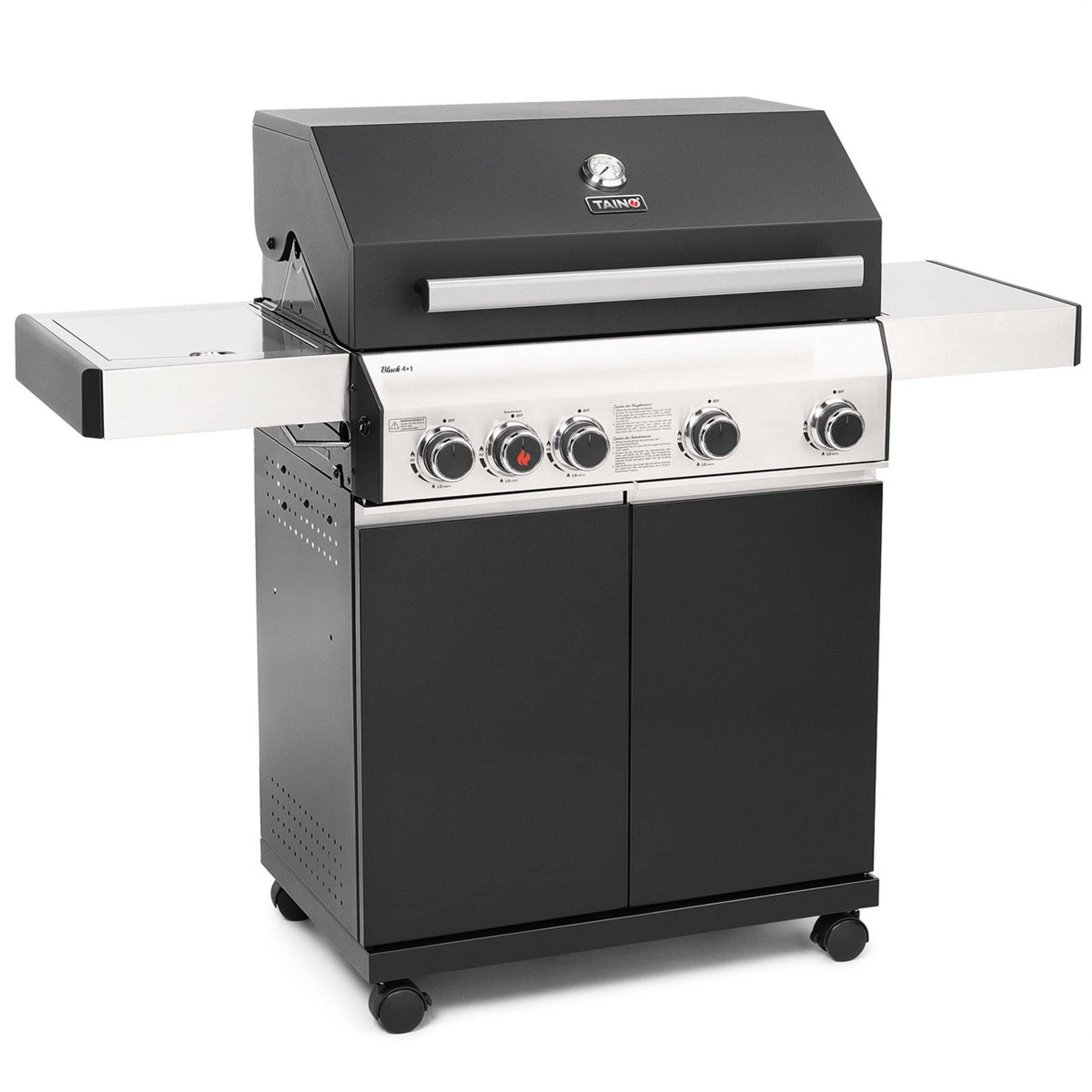 TAINO Gasgrill BLACK, Gasgrill, Doppelwandiger Deckel, Piezozündung, 1 Seitenkocher mit Schutzdeckel
